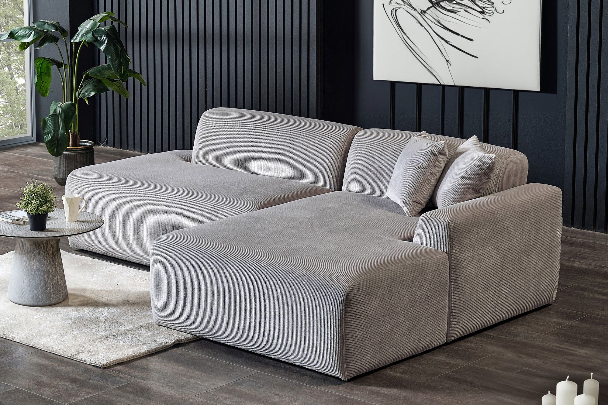 Ashcroft Mar Sectional Velvet Sofa - Gray, Right Facing