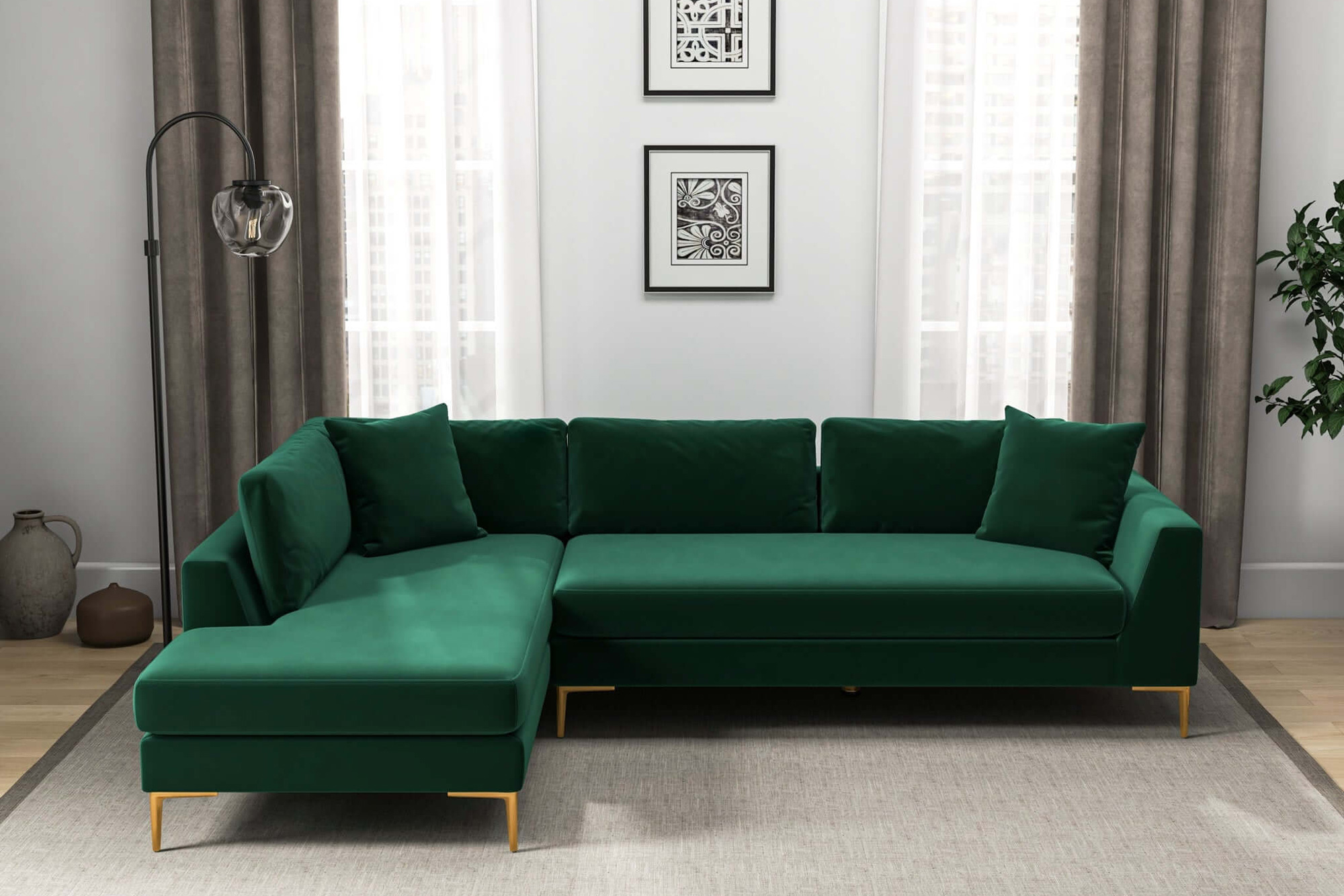 Ashcroft Mano L-Shaped Velvet Sectional Sofa - Green, Left Facing