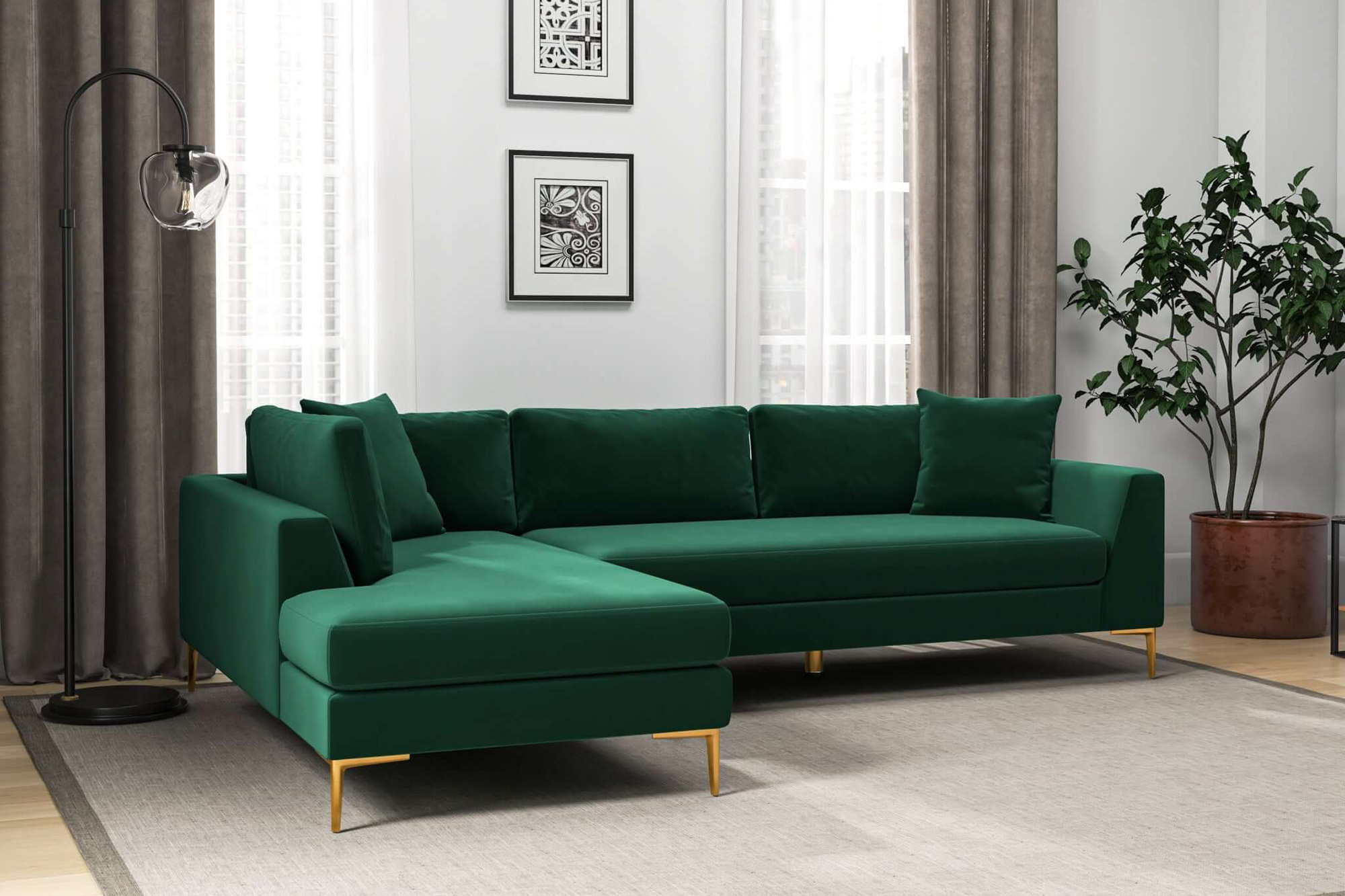 Ashcroft Mano L-Shaped Velvet Sectional Sofa - Green, Left Facing