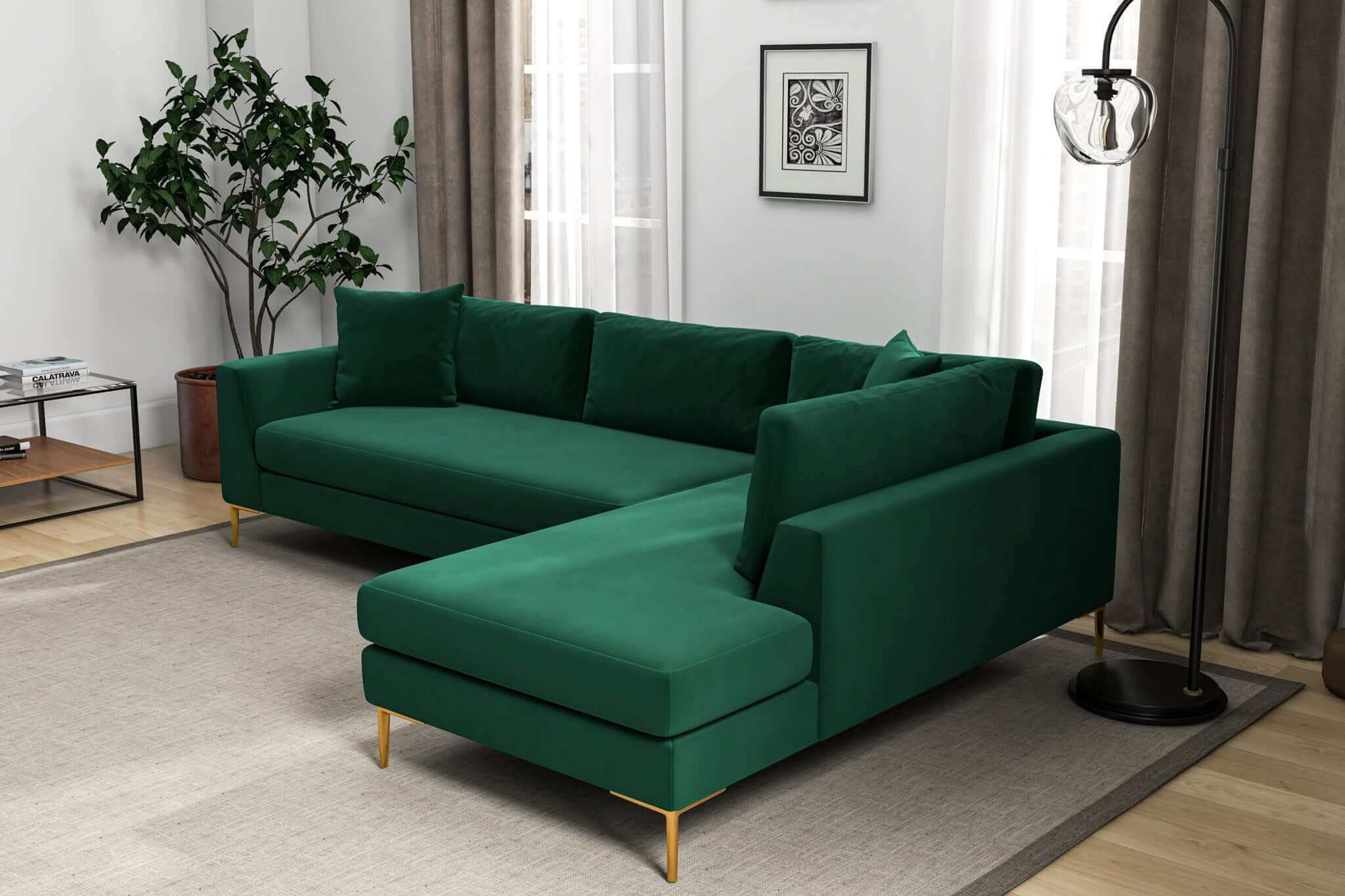 Ashcroft Mano L-Shaped Velvet Sectional Sofa - Green, Right Facing