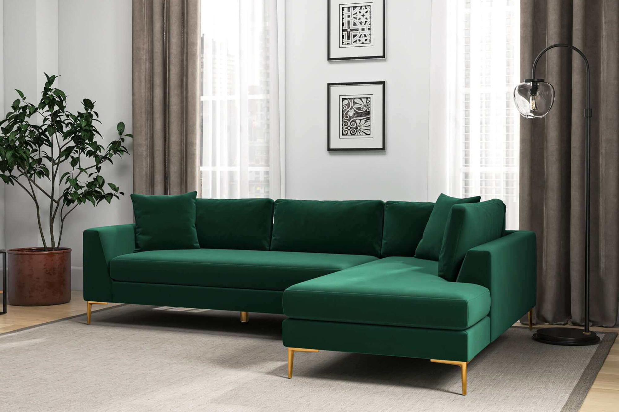 Ashcroft Mano L-Shaped Velvet Sectional Sofa - Green, Right Facing