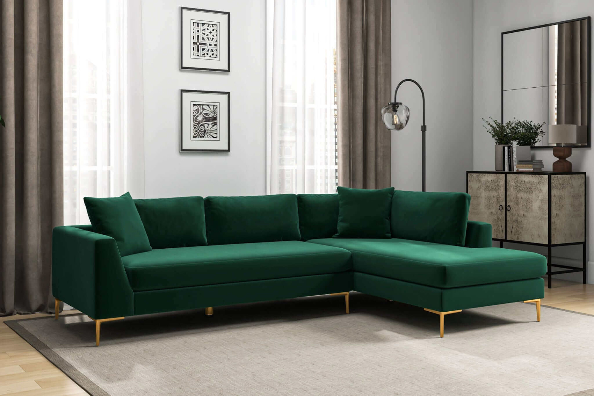 Ashcroft Mano L-Shaped Velvet Sectional Sofa - Green, Right Facing