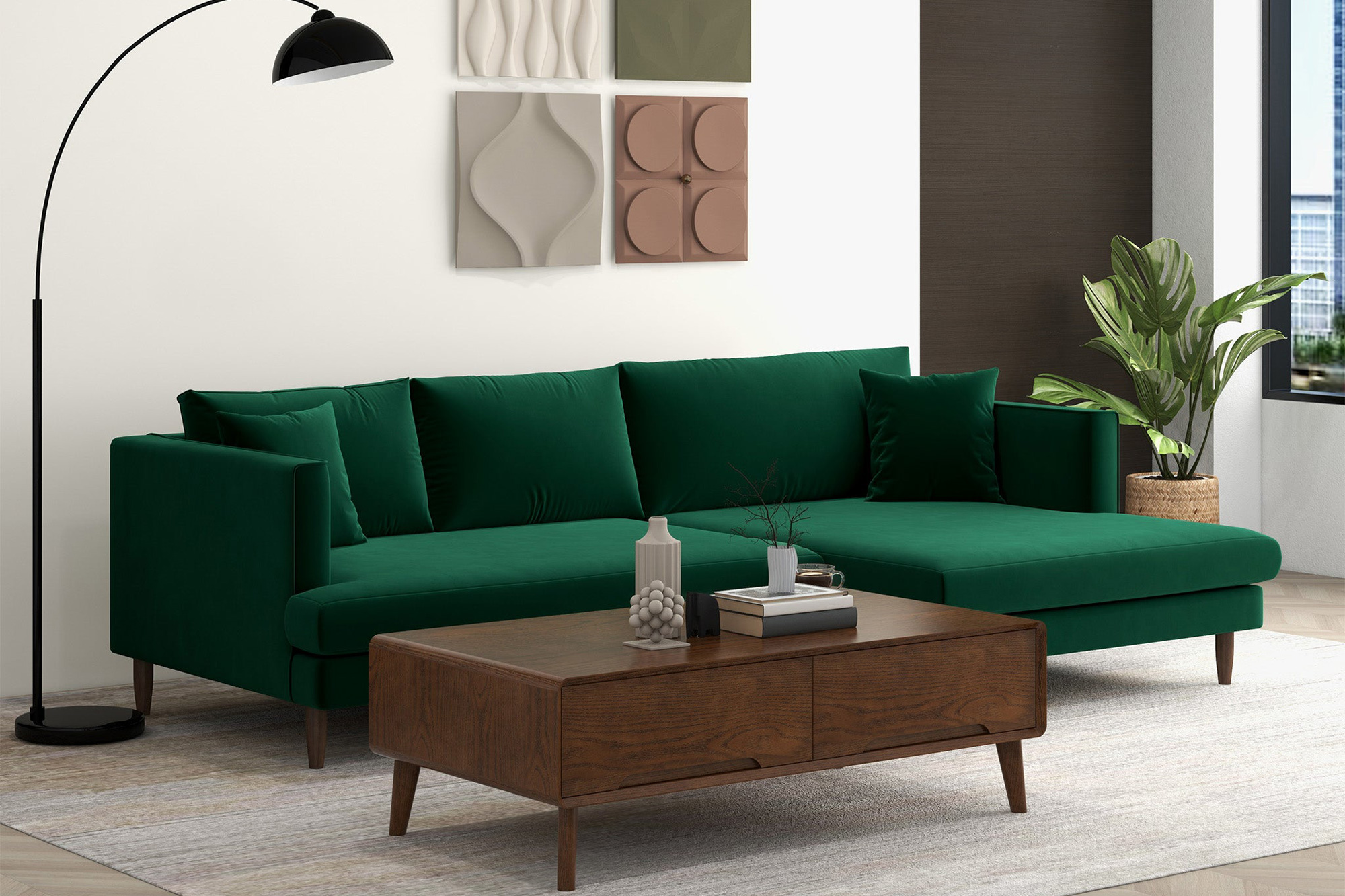 Ashcroft Blake L-Shaped Sectional Sofa Right Facing - Green, Velvet