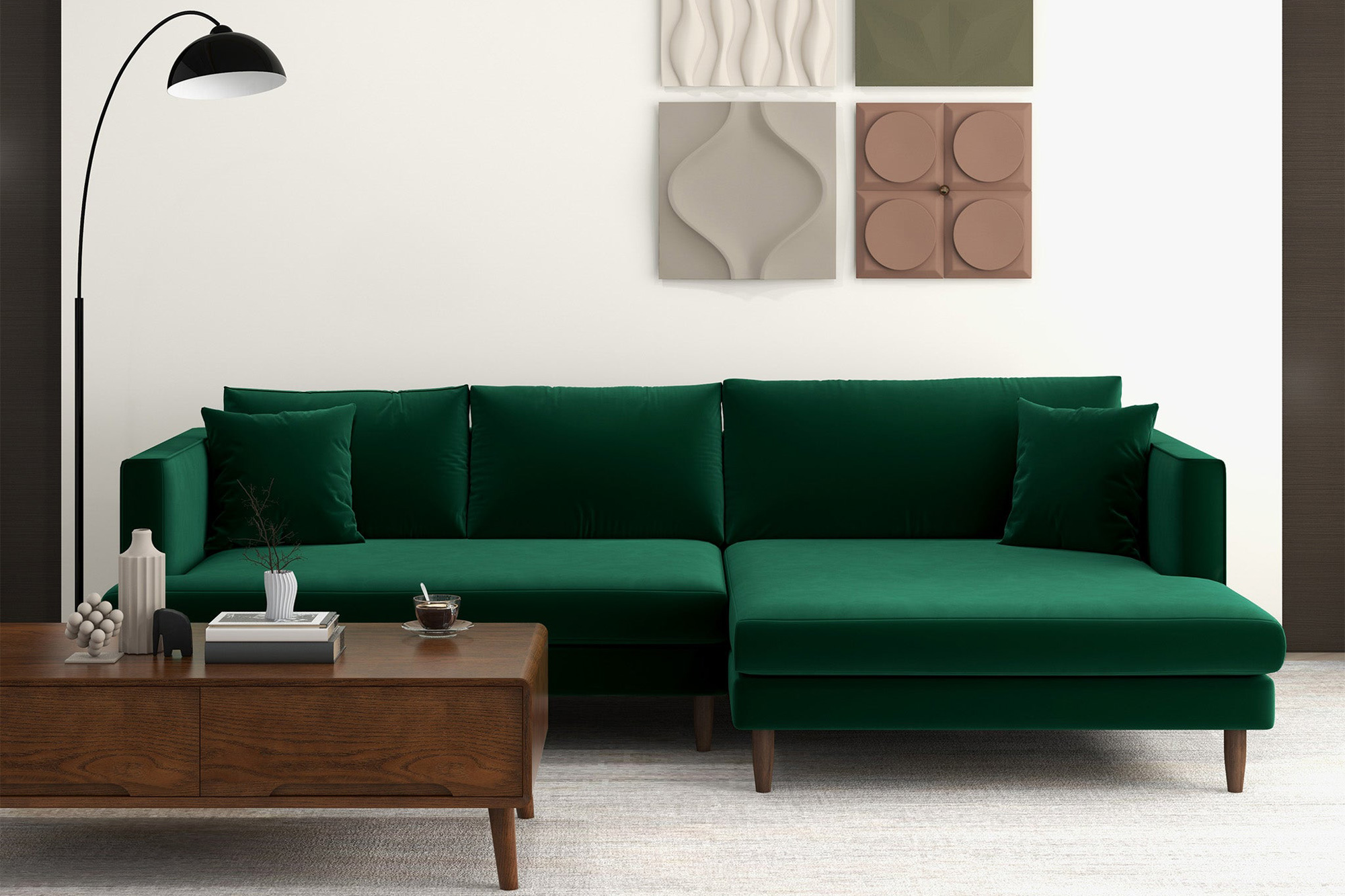 Ashcroft Blake L-Shaped Sectional Sofa Right Facing - Green, Velvet