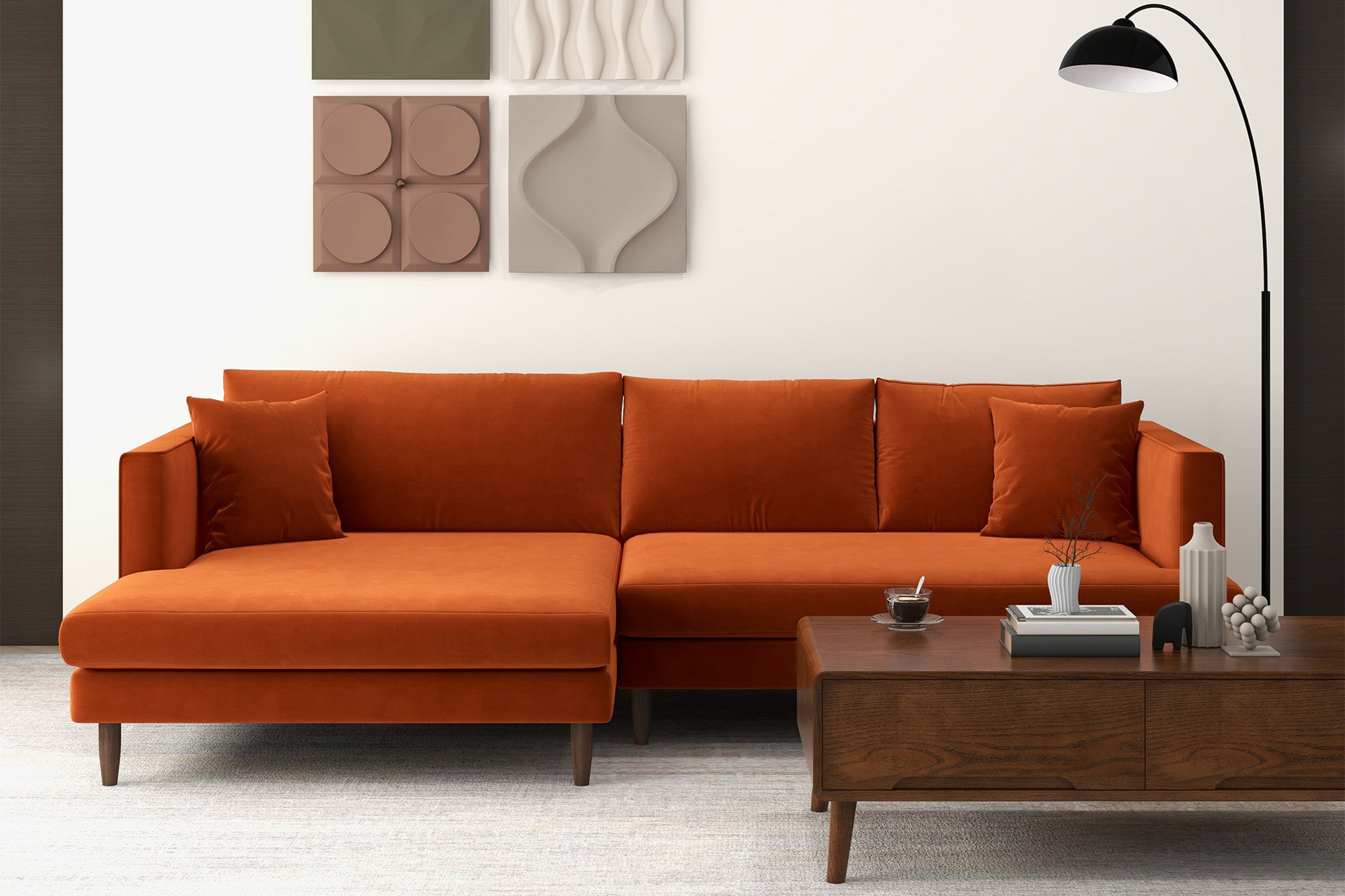 Ashcroft Blake L-Shaped Sectional Sofa Right Facing - Orange, Velvet