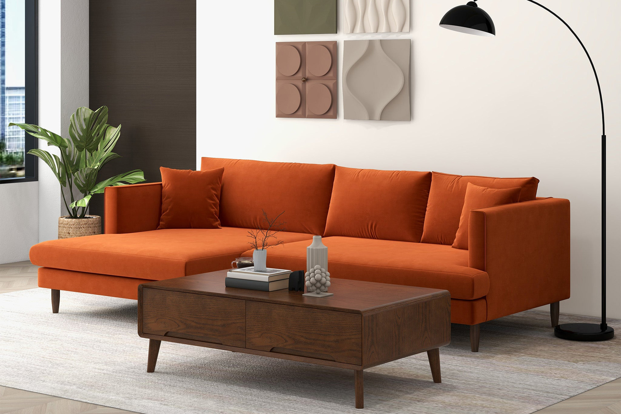 Ashcroft Blake L-Shaped Sectional Sofa Right Facing - Orange, Velvet