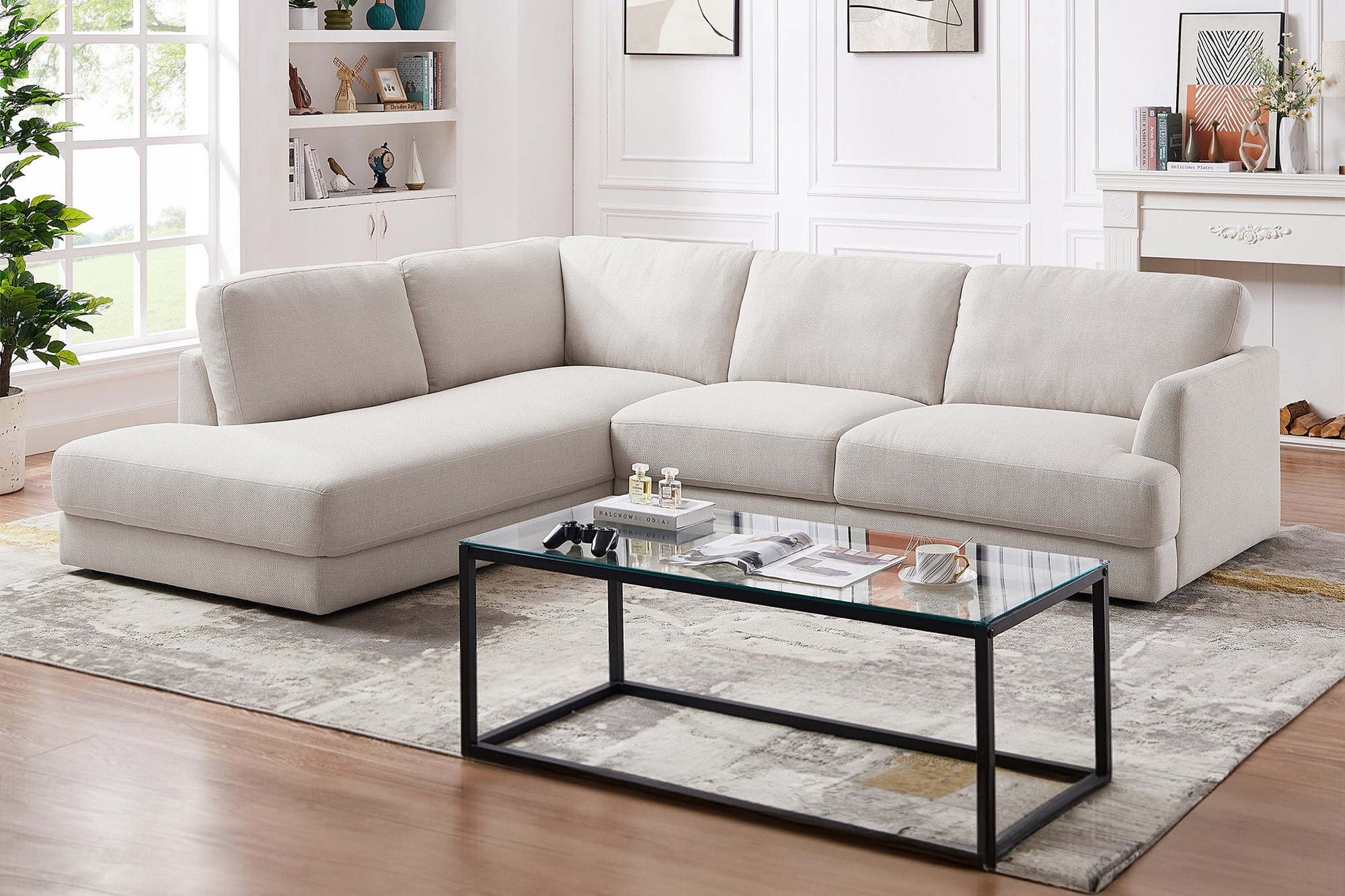 Ashcroft Glander Cozy Sectional Sofa - Cream, Left Facing