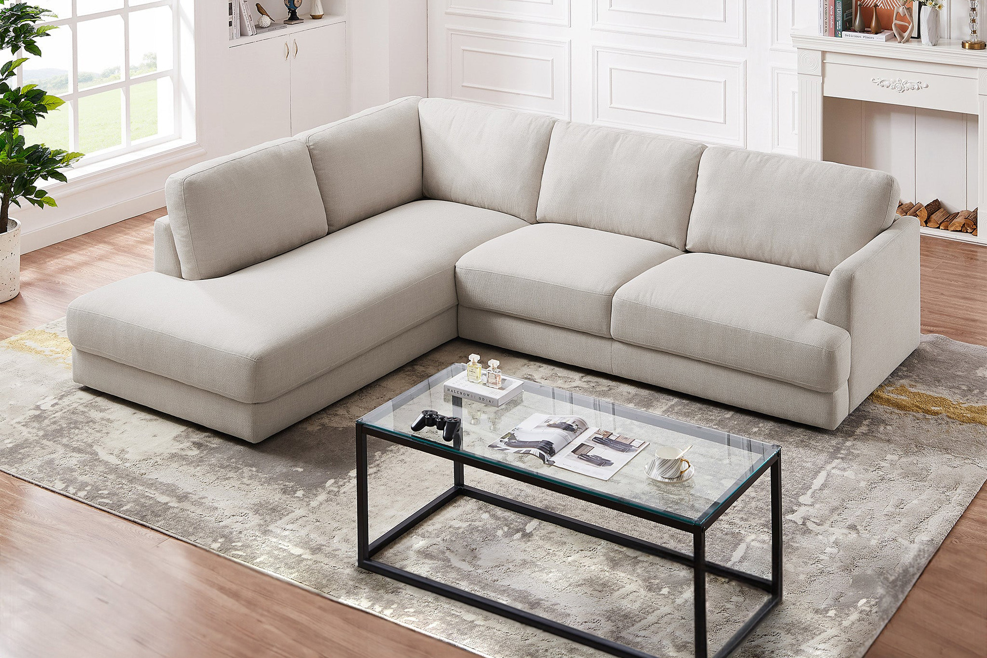 Ashcroft Glander Cozy Sectional Sofa - Cream, Left Facing