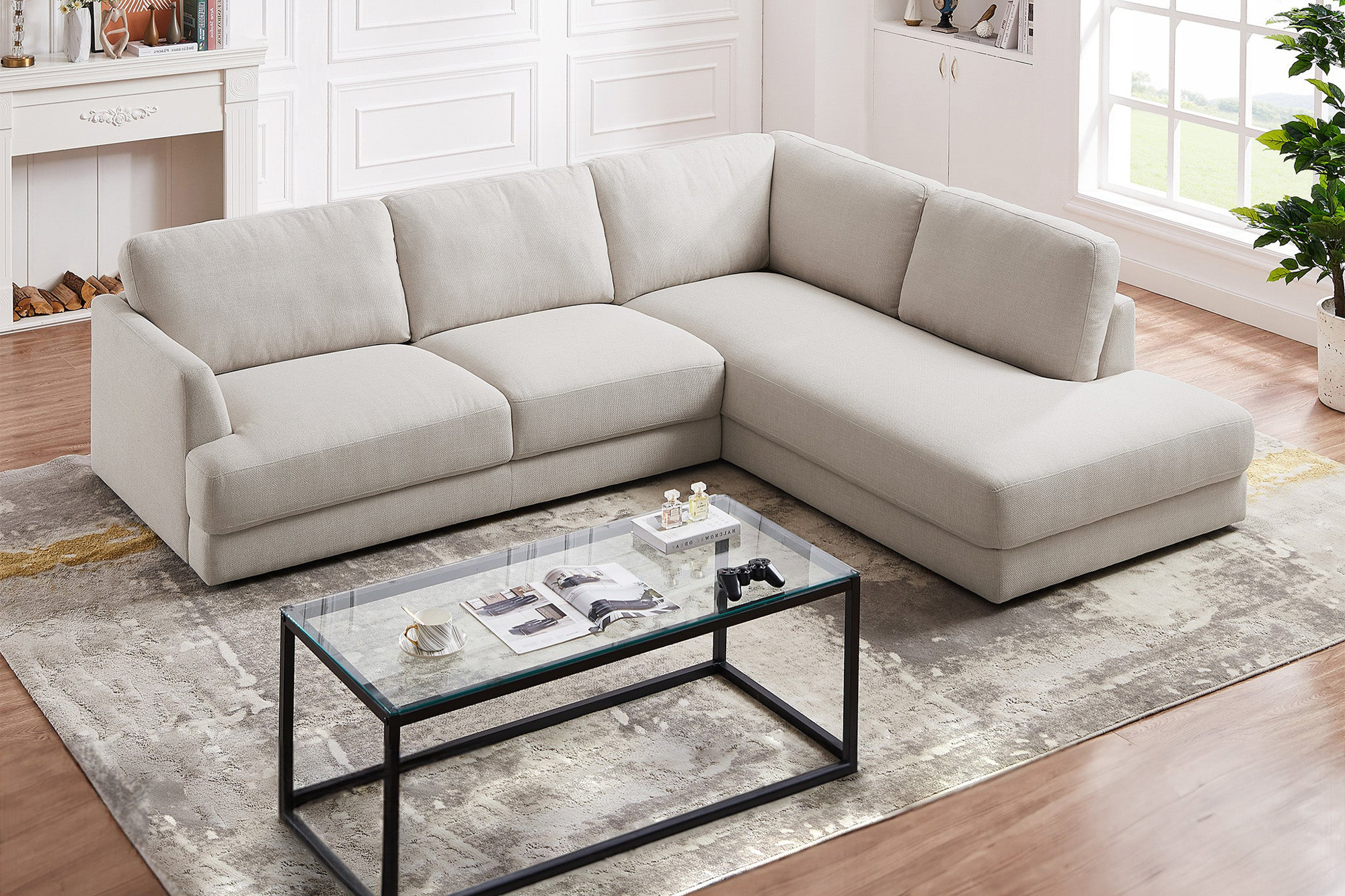 Ashcroft Glander Cozy Sectional Sofa - Cream, Right Facing