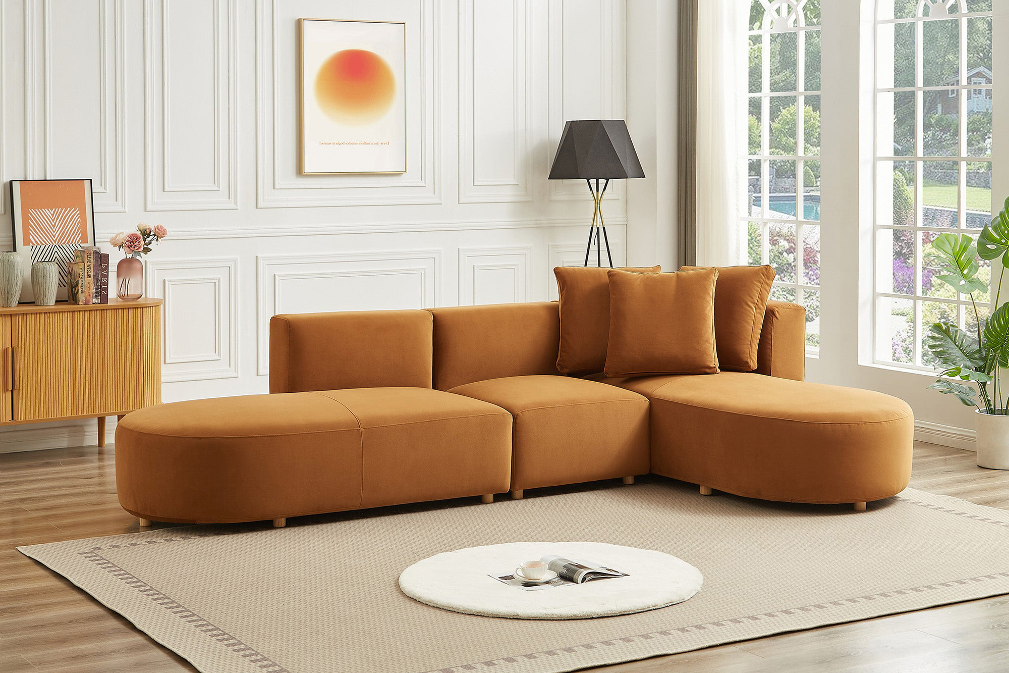 Ashcroft Orby Velvet Sectional Sofa - Cognac, Right Facing