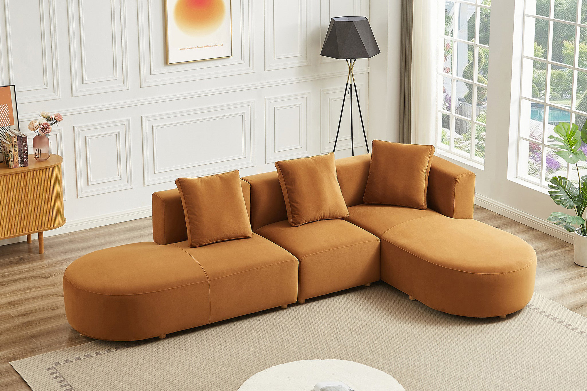 Ashcroft Orby Velvet Sectional Sofa - Cognac, Right Facing