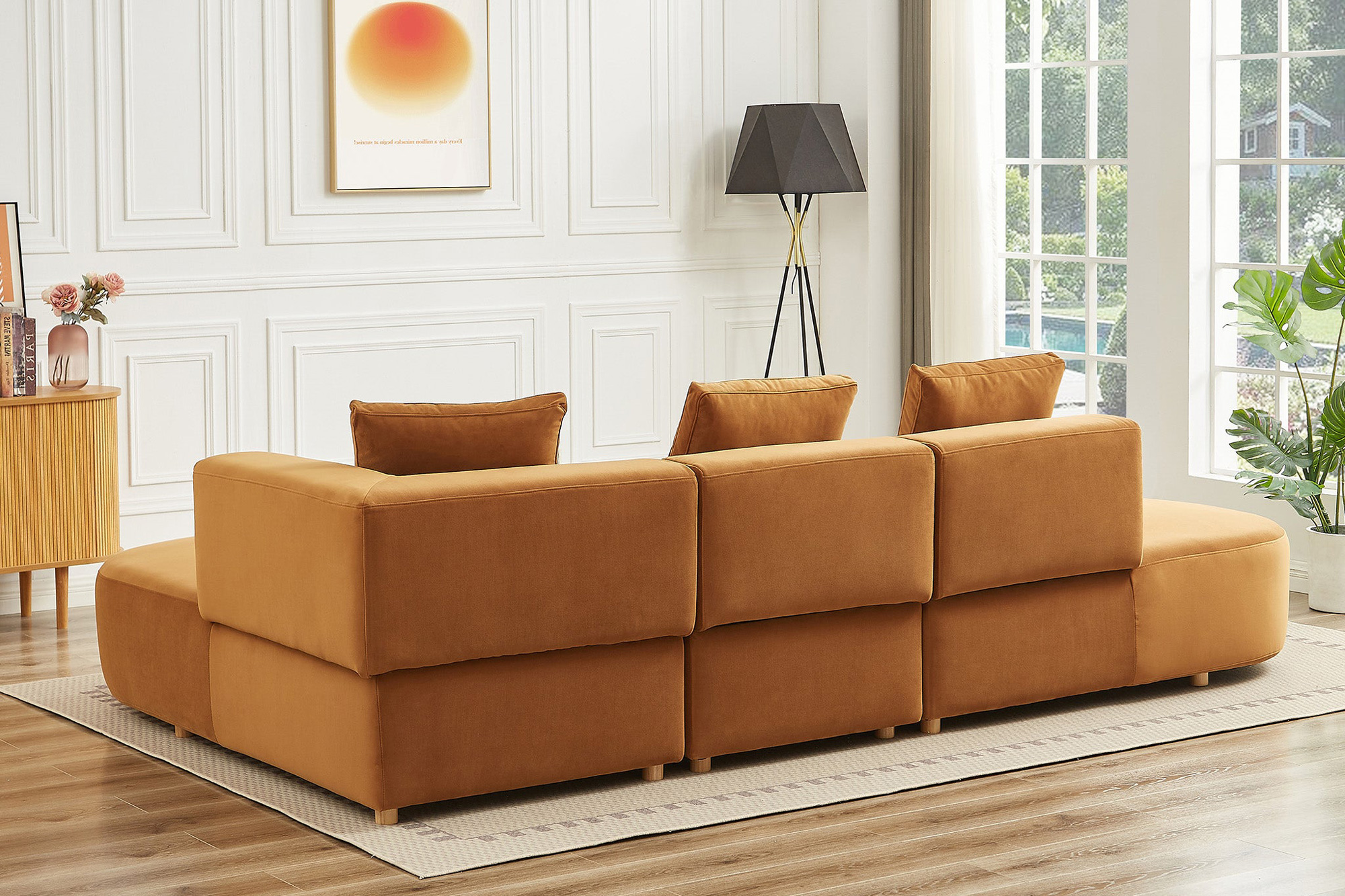 Ashcroft Orby Velvet Sectional Sofa - Cognac, Right Facing