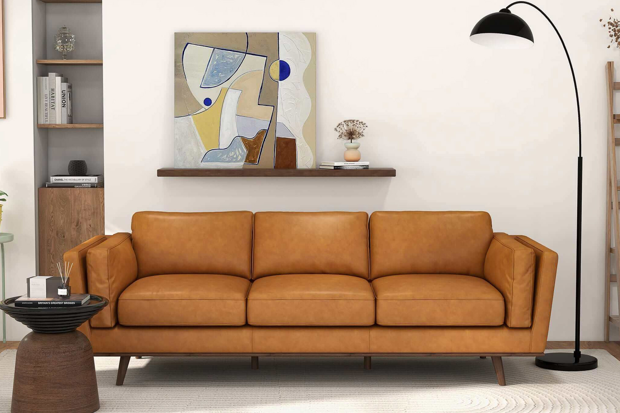 Ashcroft - Chase Mid-Century Modern Genuine Leather Sofa