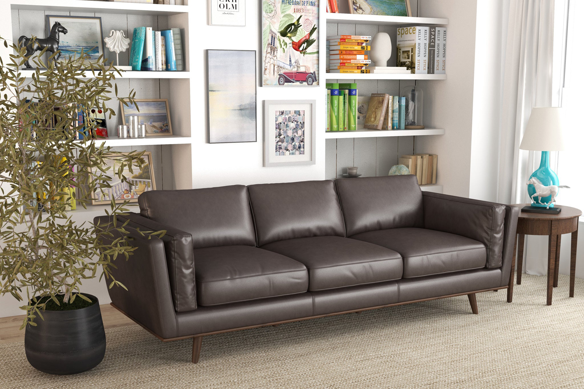 Ashcroft Chase Mid-Century Modern Genuine Leather Sofa - Brown