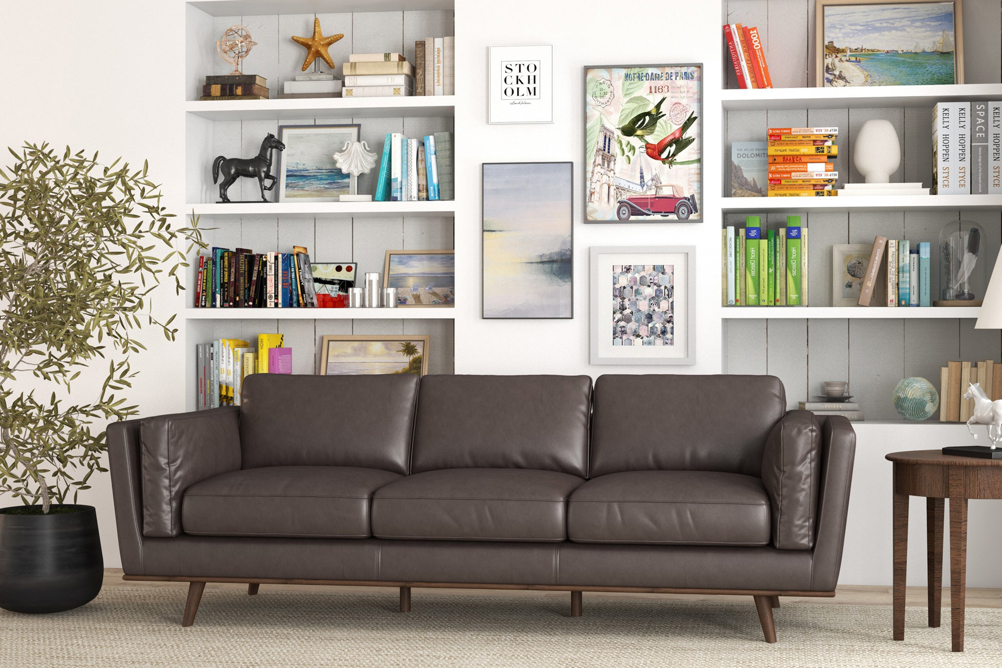 Ashcroft Chase Mid-Century Modern Genuine Leather Sofa - Brown