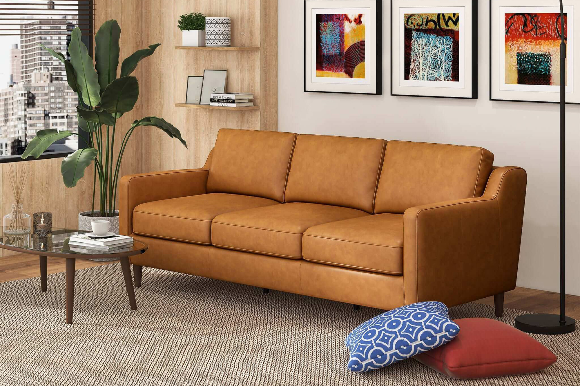 Ashcroft - Cooper Mid-Century Modern Leather Sofa in Tan