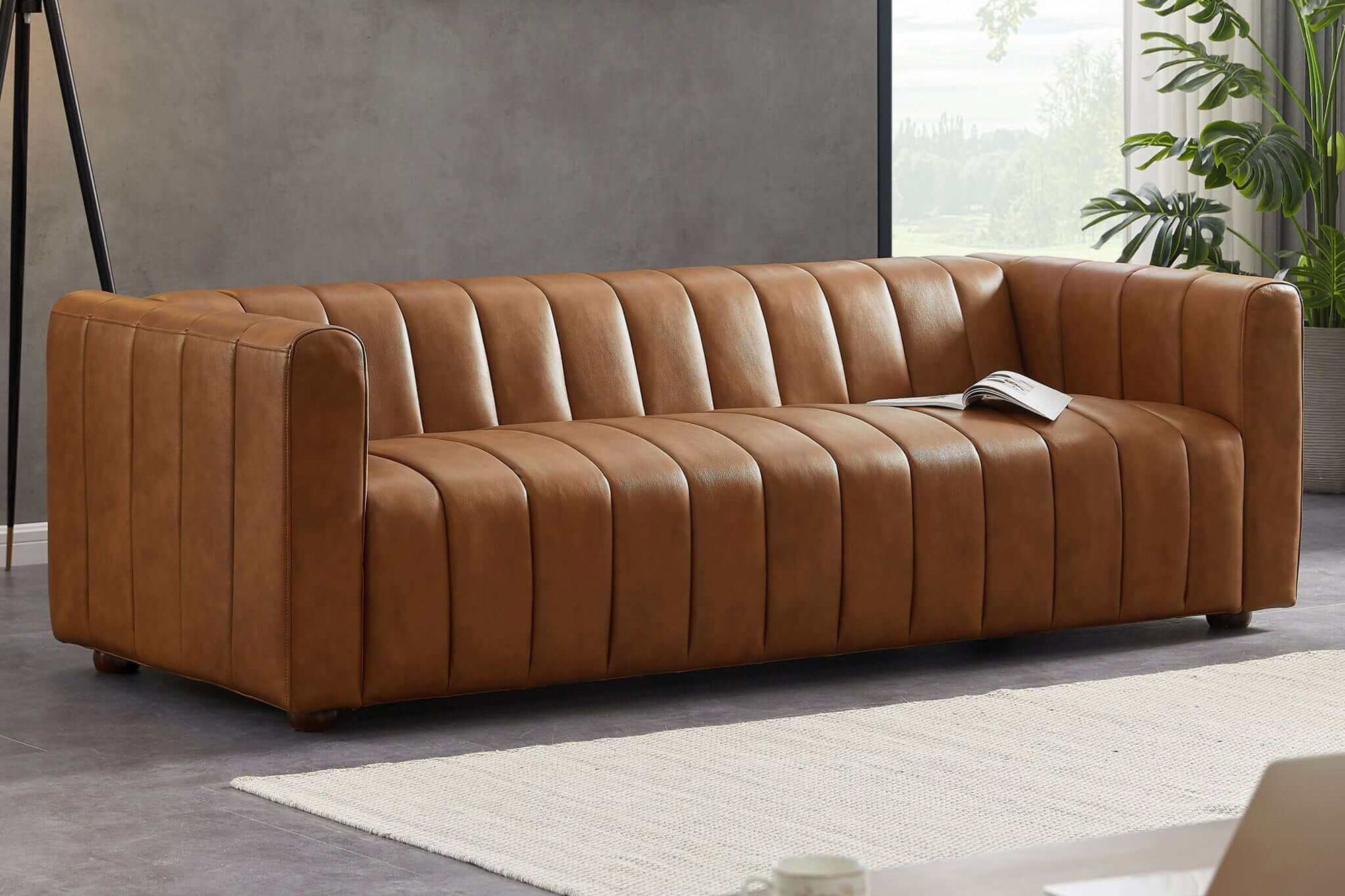 Ashcroft - Elrosa Channel Tufted Sofa in Cognac