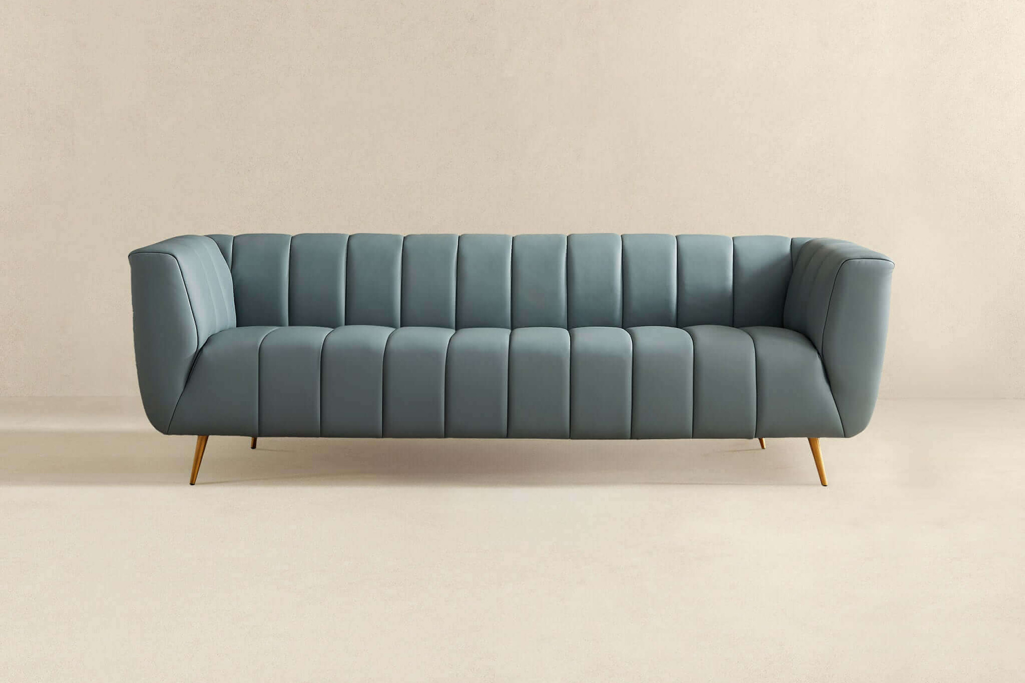 Ashcroft LaMattina Genuine Italian Leather Channel Tufted Sofa - Blue