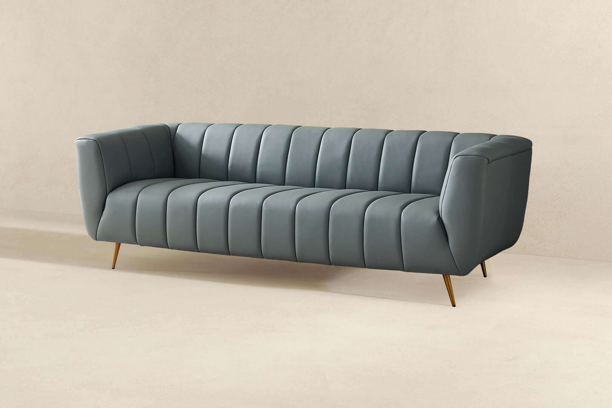 Ashcroft LaMattina Genuine Italian Leather Channel Tufted Sofa - Blue