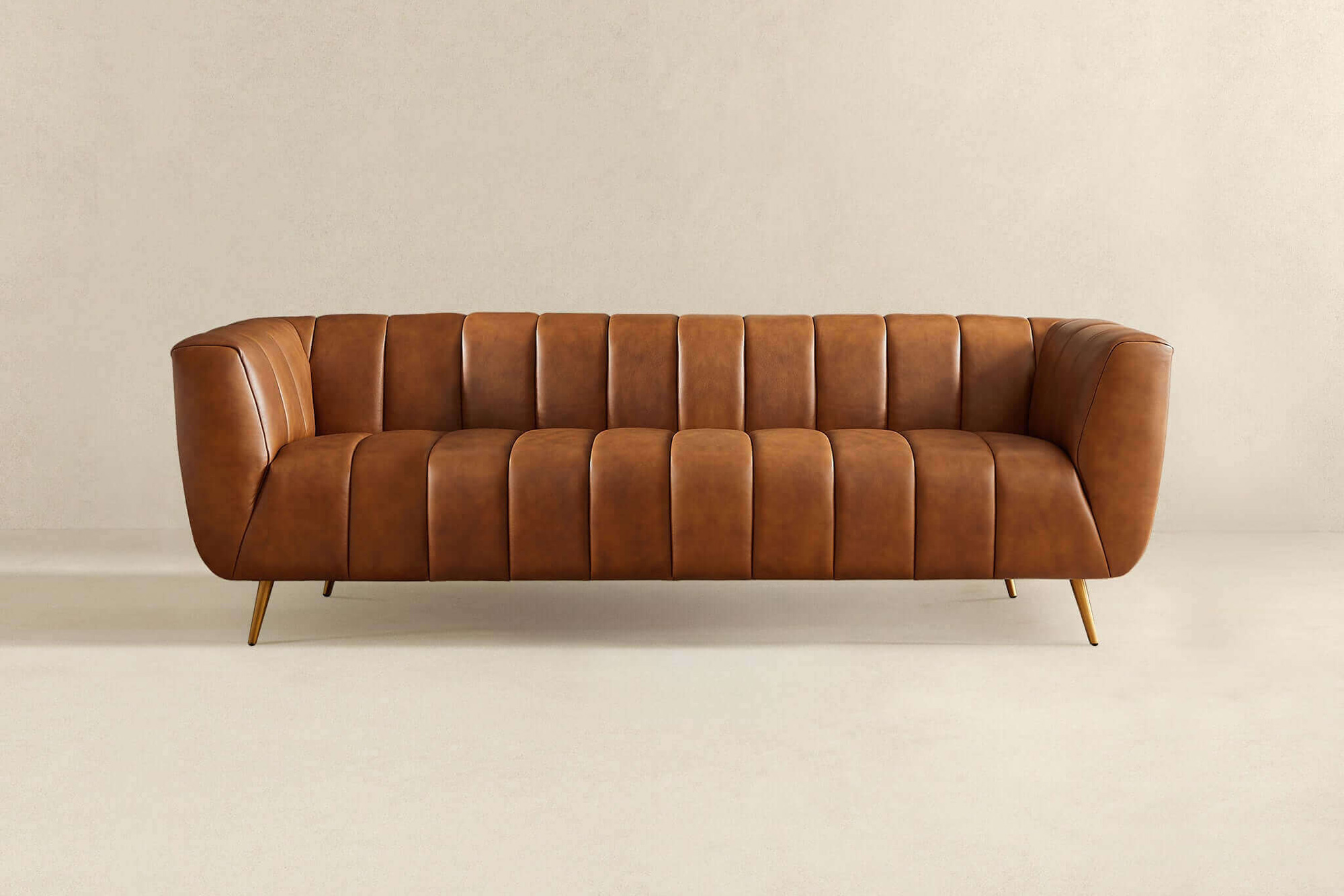 Ashcroft Ava Genuine Italian Leather Channel Tufted Sofa - Tan