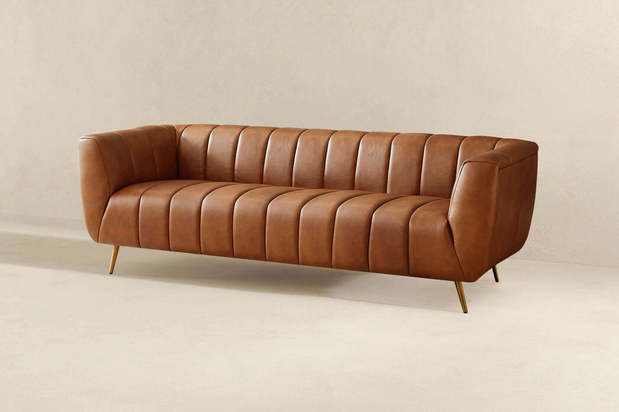 Ashcroft Ava Genuine Italian Leather Channel Tufted Sofa - Tan