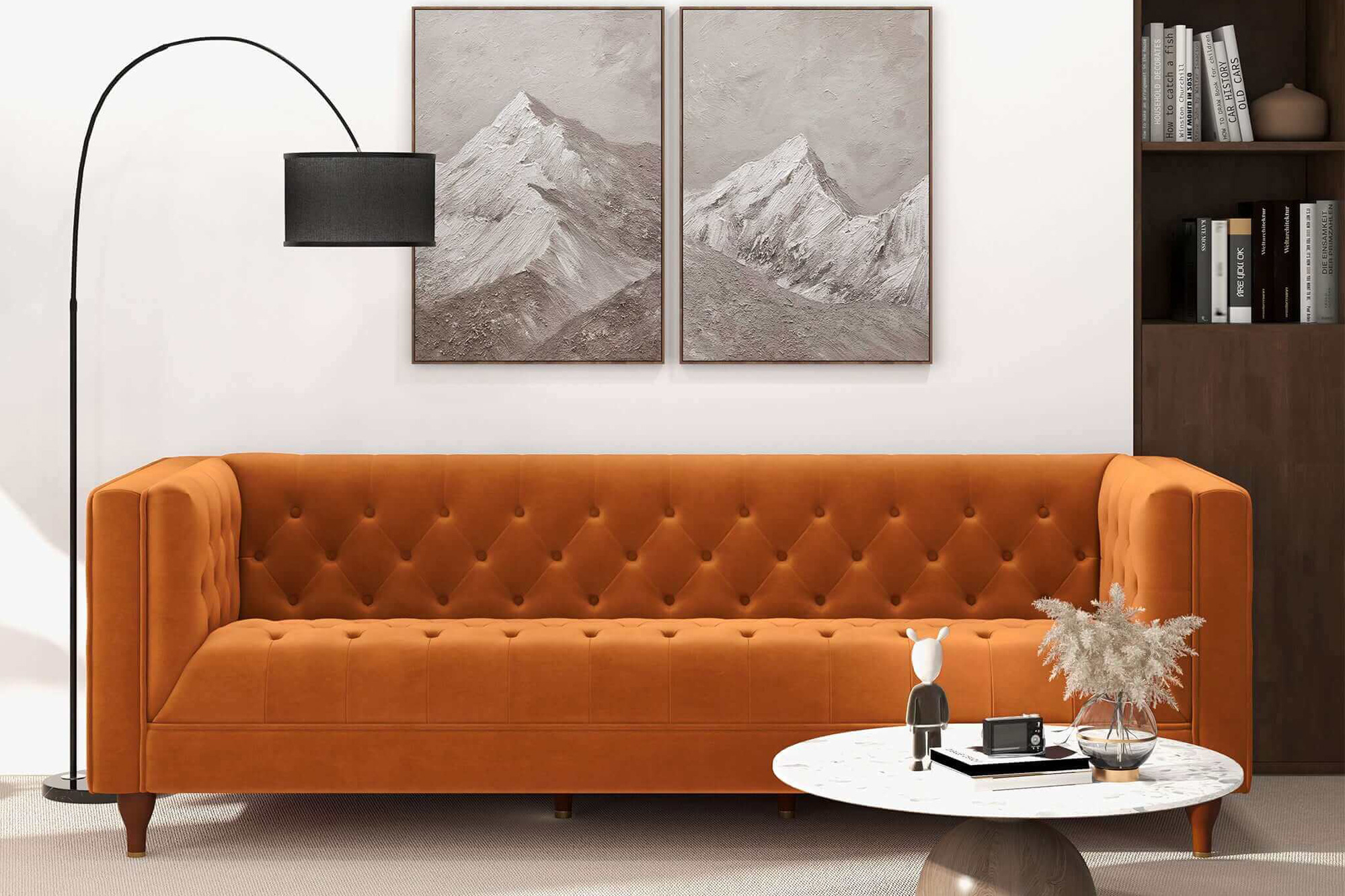 Ashcroft Evelyn Mid-Century Modern Velvet Luxury Chesterfield Sofa - Burnt Orange