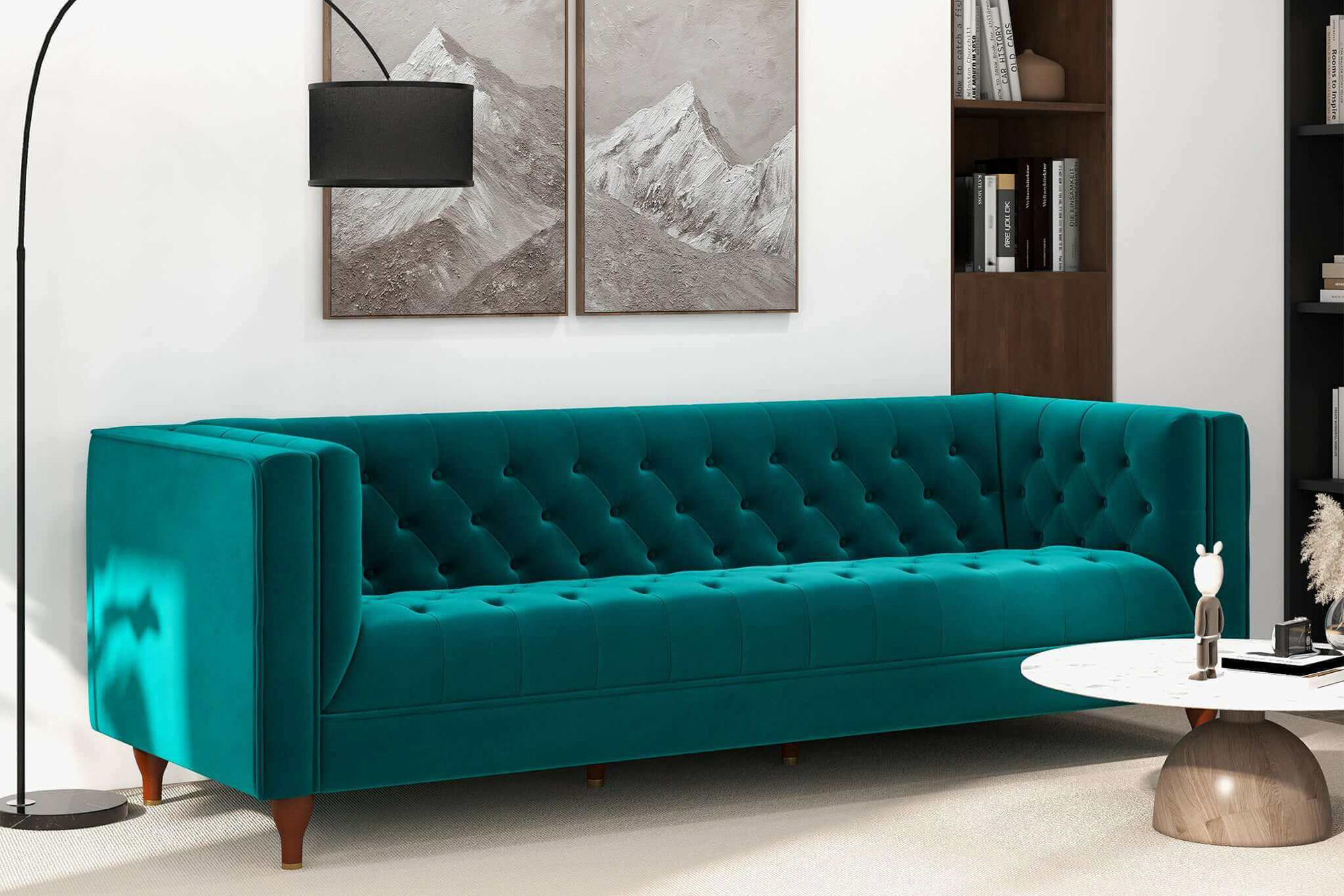 Ashcroft Evelyn Mid-Century ModernVelvet Luxury Chesterfield Sofa - Teal