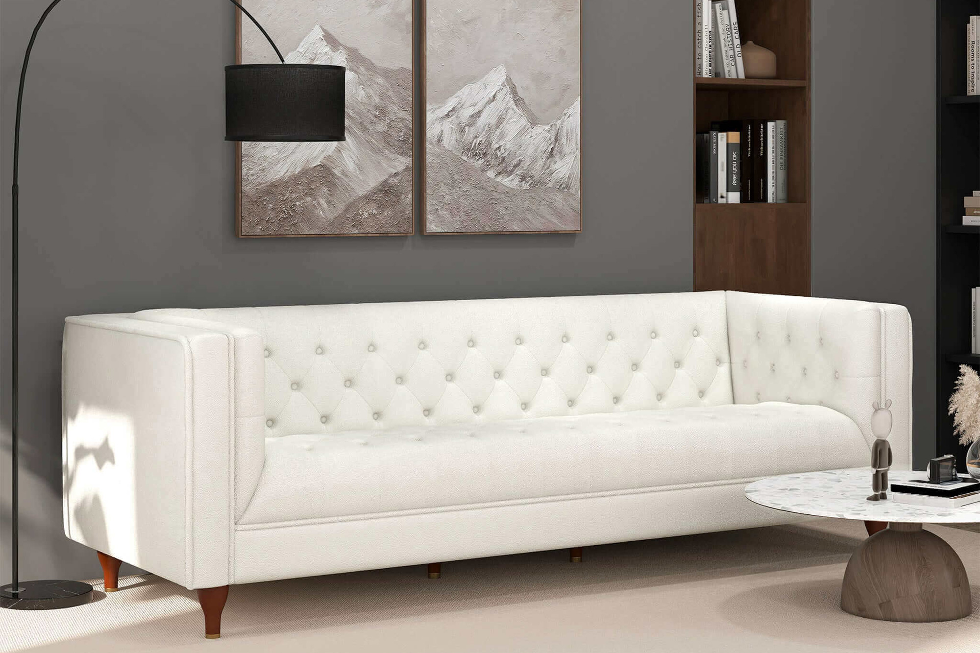 Ashcroft Evelyn Mid-Century Modern Boucle Luxury Chesterfield Sofa - White