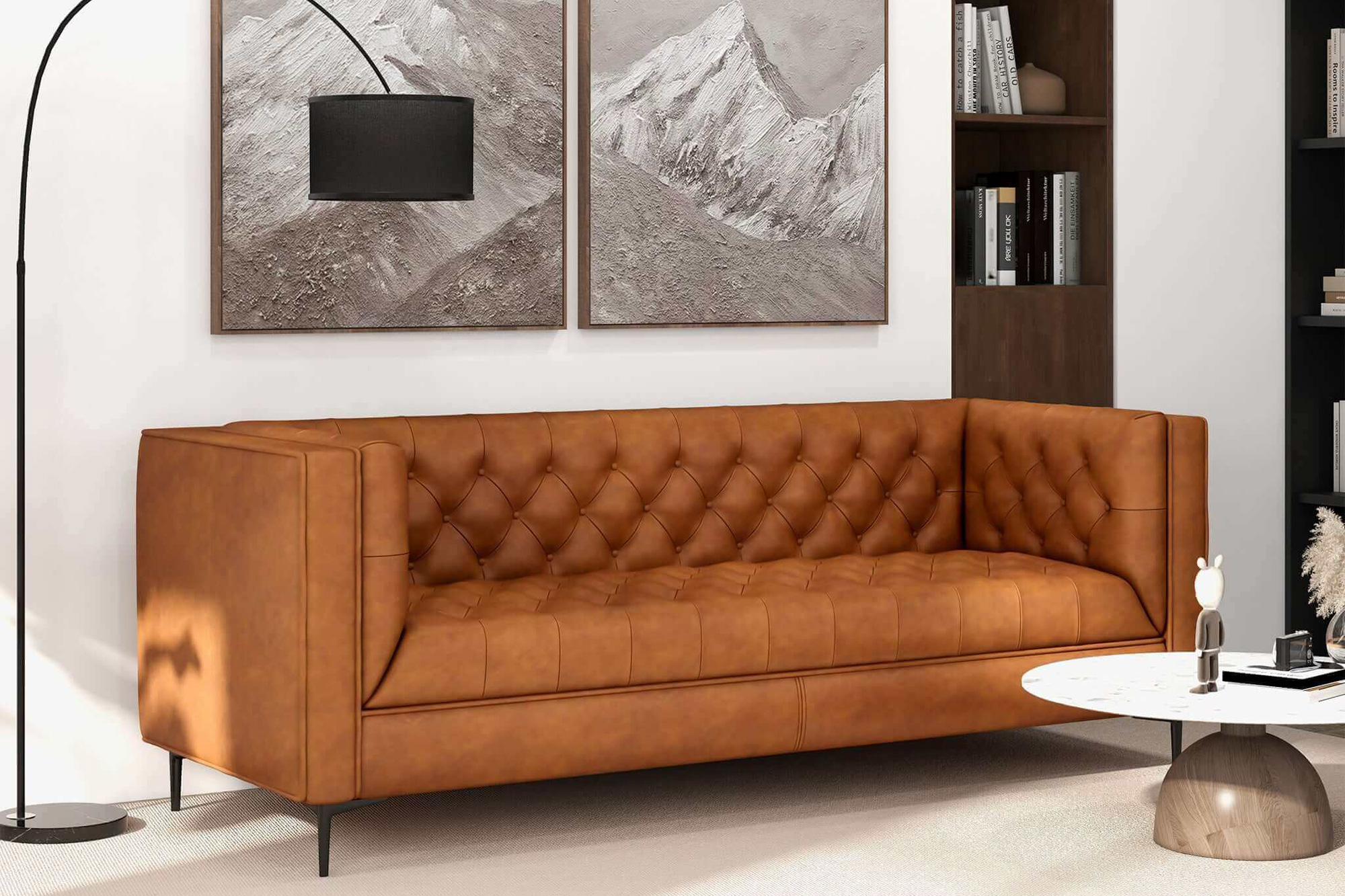 Ashcroft Evelyn Mid-Century Modern Leather Luxury Chesterfield Sofa - Cognac