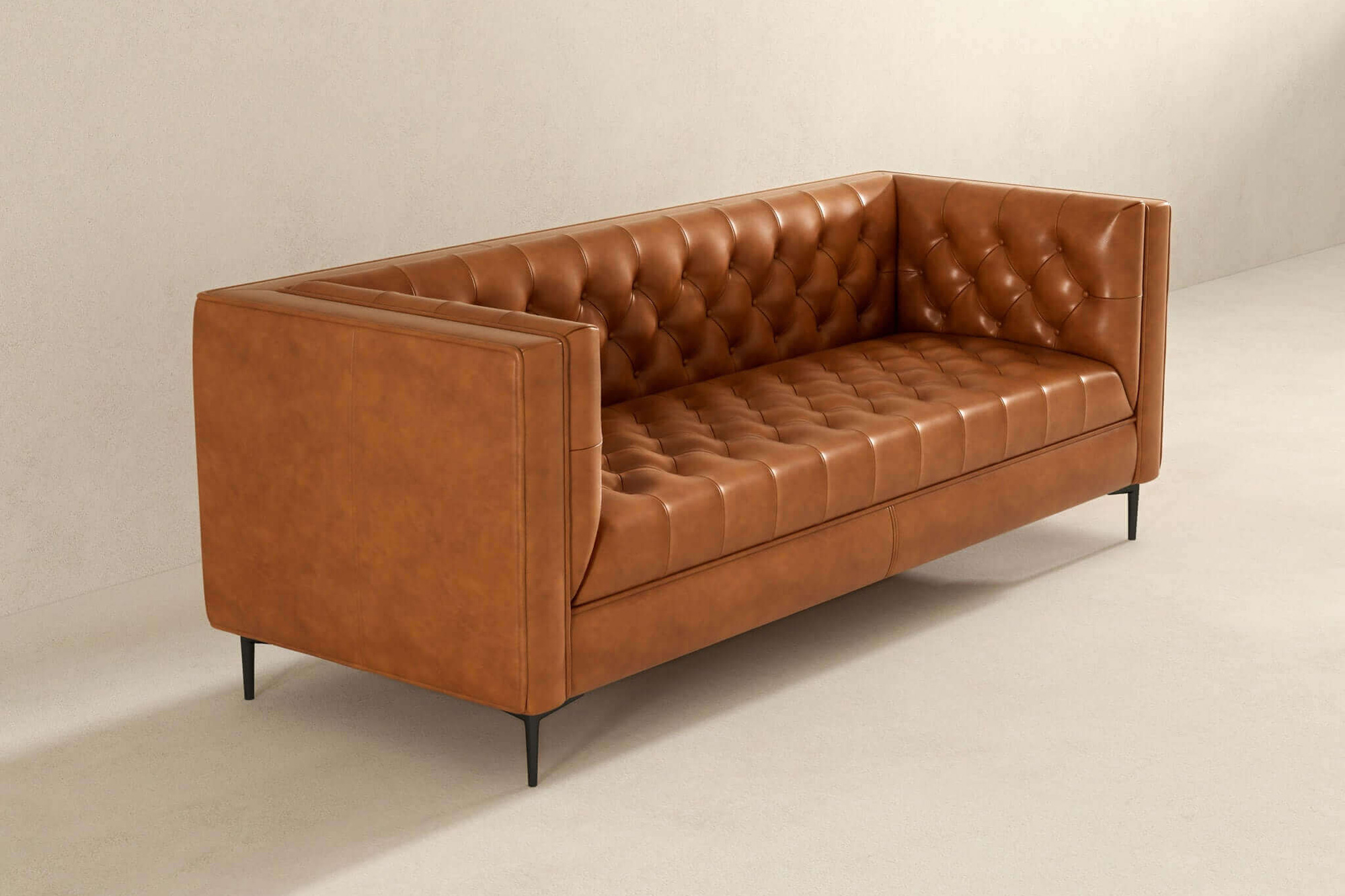 Ashcroft Evelyn Mid-Century Modern Leather Luxury Chesterfield Sofa - Cognac