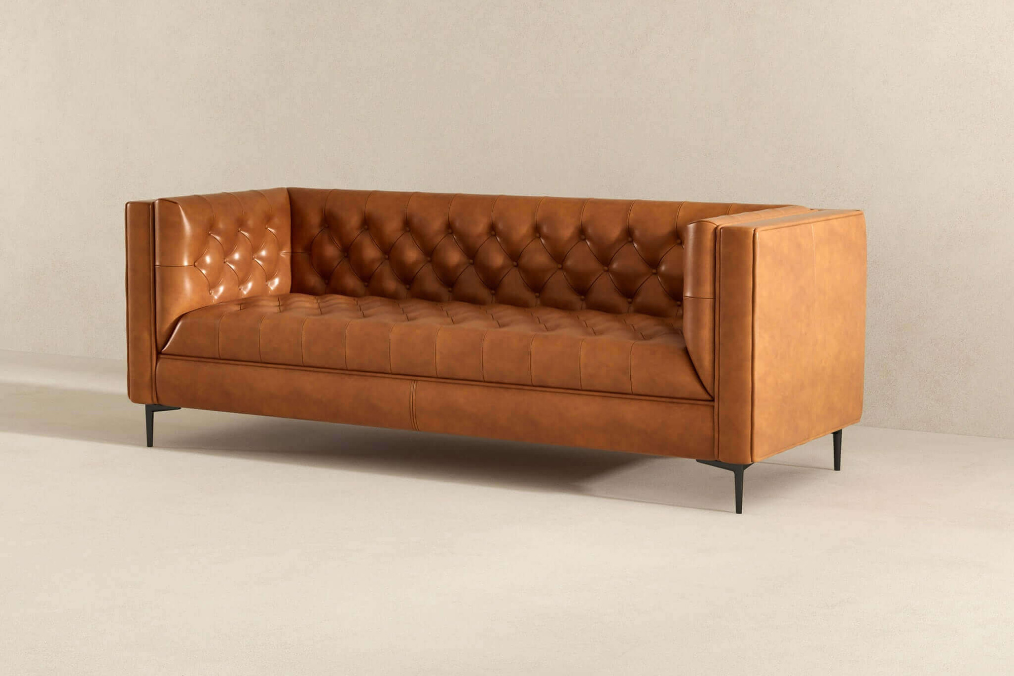 Ashcroft Evelyn Mid-Century Modern Leather Luxury Chesterfield Sofa - Cognac