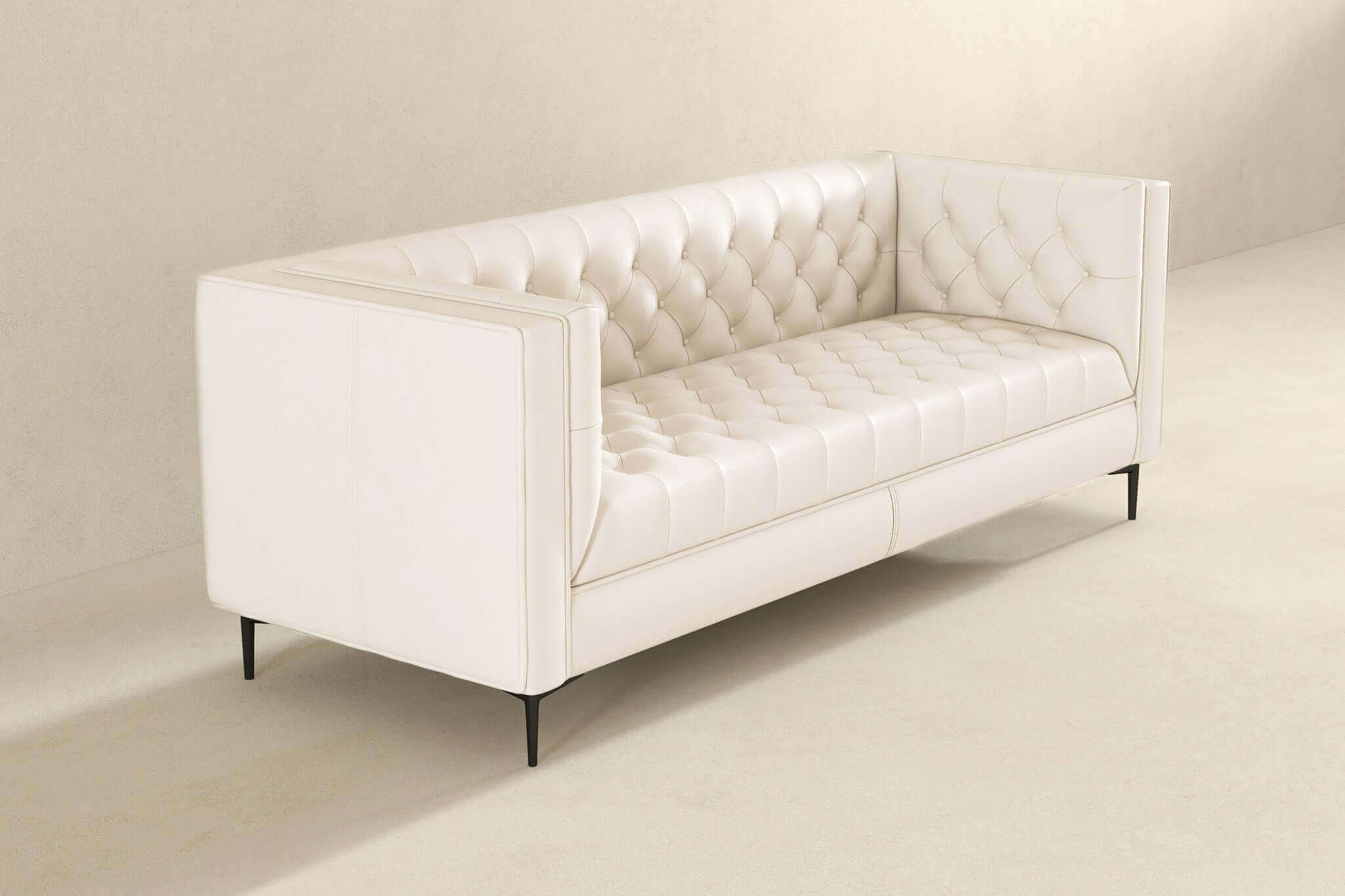 Ashcroft Evelyn Mid-Century Modern Leather Luxury Chesterfield Sofa - Cream