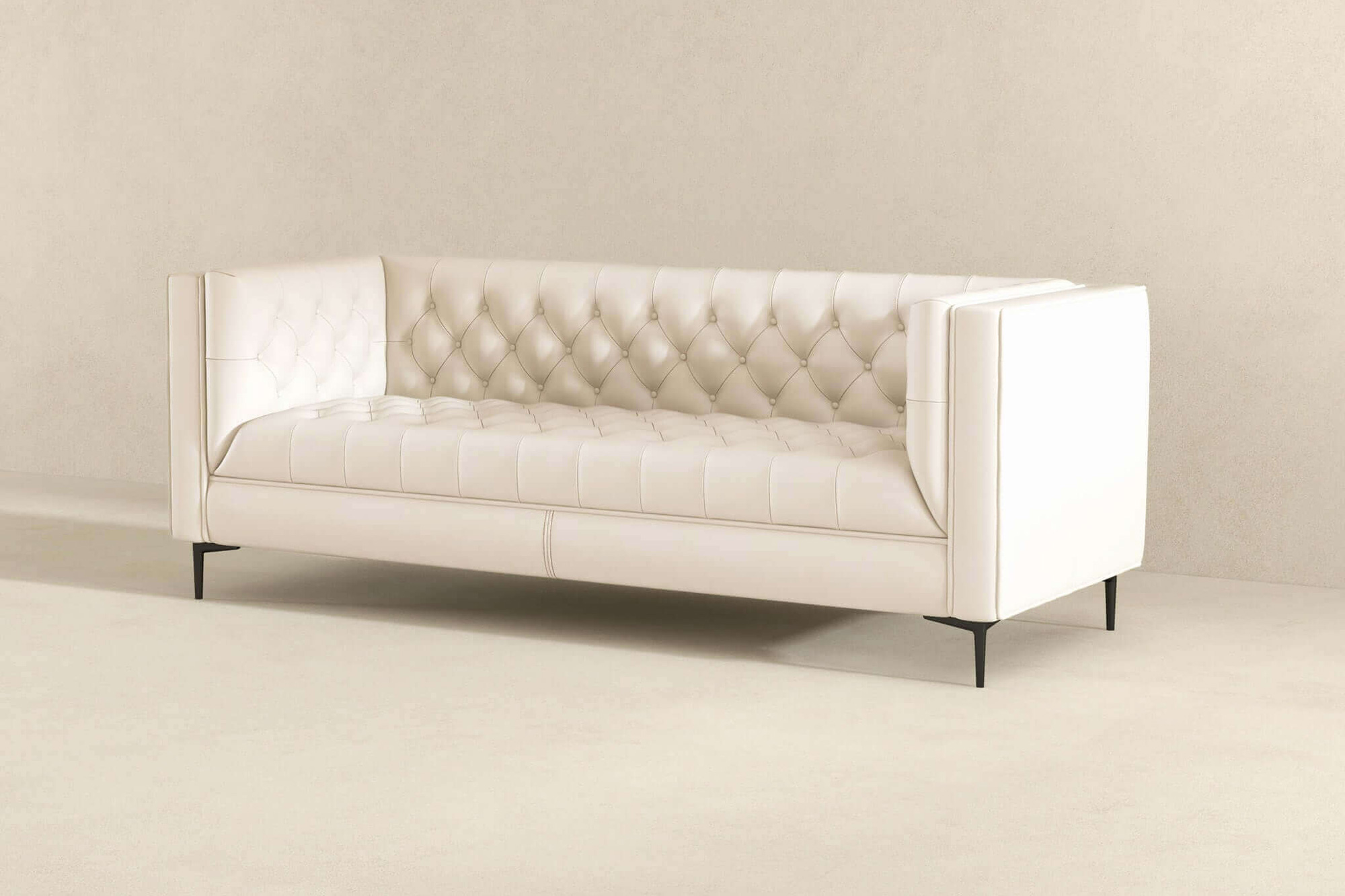 Ashcroft Evelyn Mid-Century Modern Leather Luxury Chesterfield Sofa - Cream