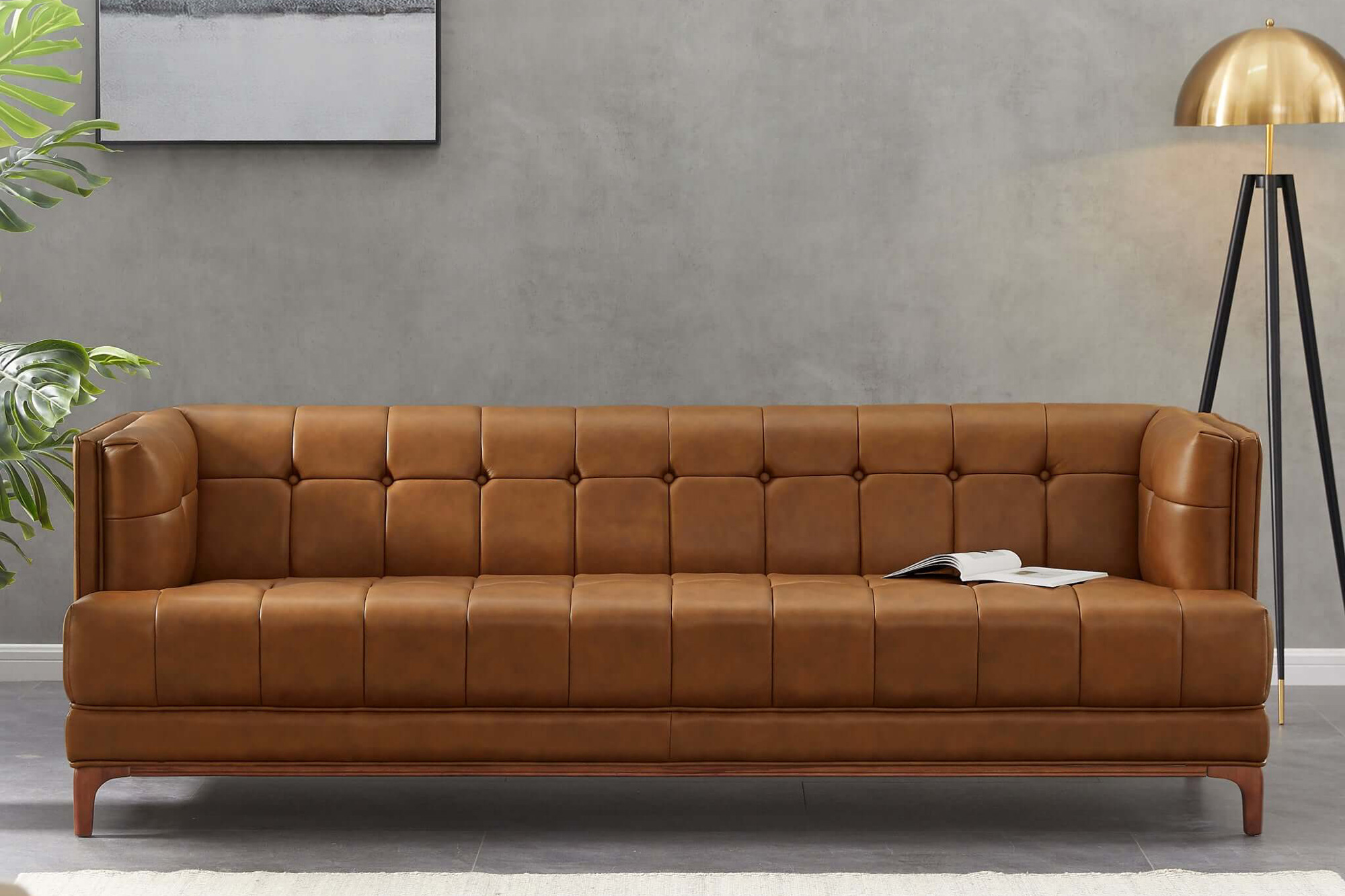 Ashcroft - Mara Tufted Leather Sofa in Cognac