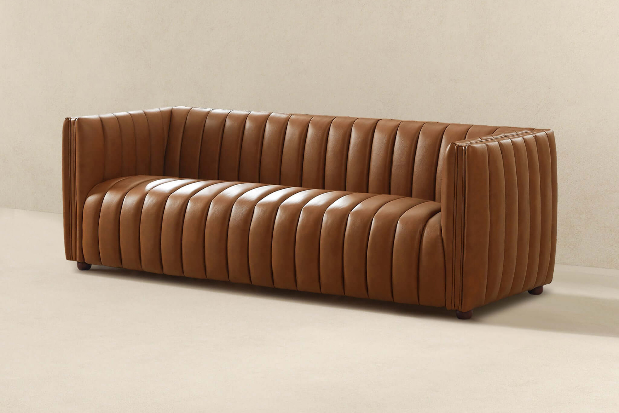 Ashcroft April Mid-Century Modern Luxury Tight Back Leather Couch - Cognac Tan