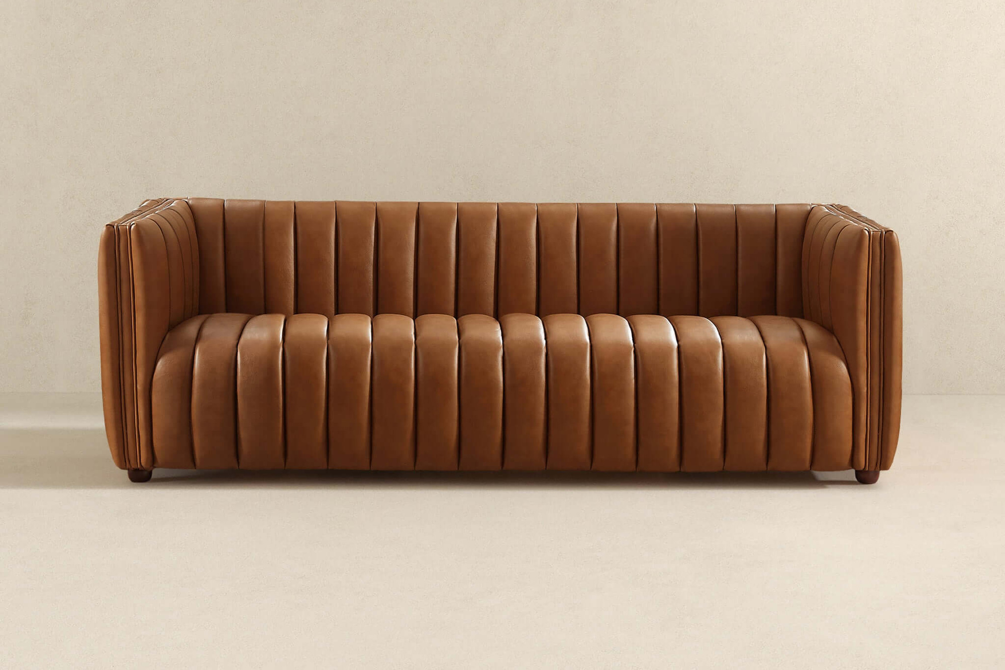 Ashcroft April Mid-Century Modern Luxury Tight Back Leather Couch - Cognac Tan