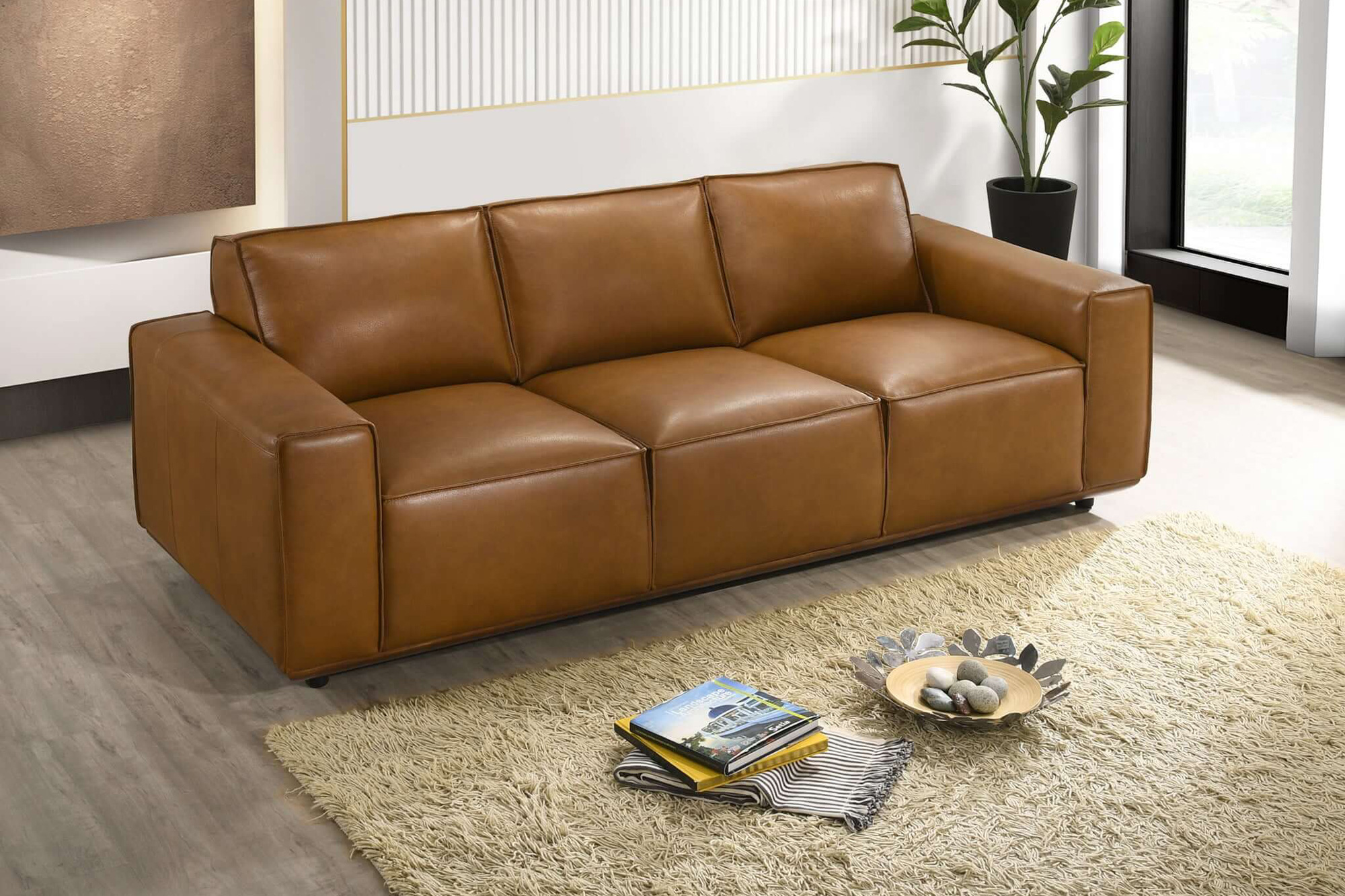 Ashcroft Hanky Genuine Leather Sofa - Tan