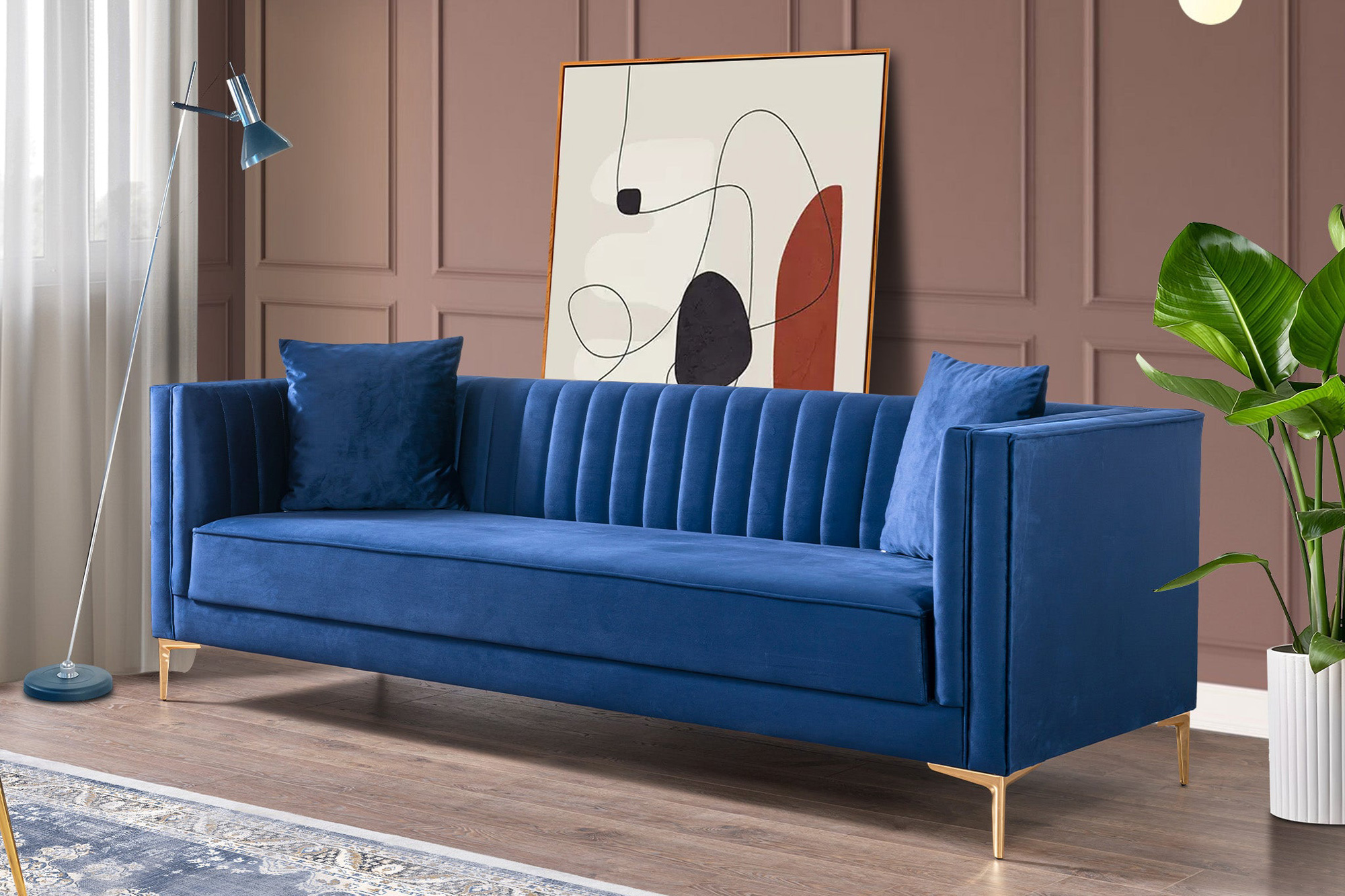 Ashcroft Angelina 91" Velvet Sofa - Dark Blue