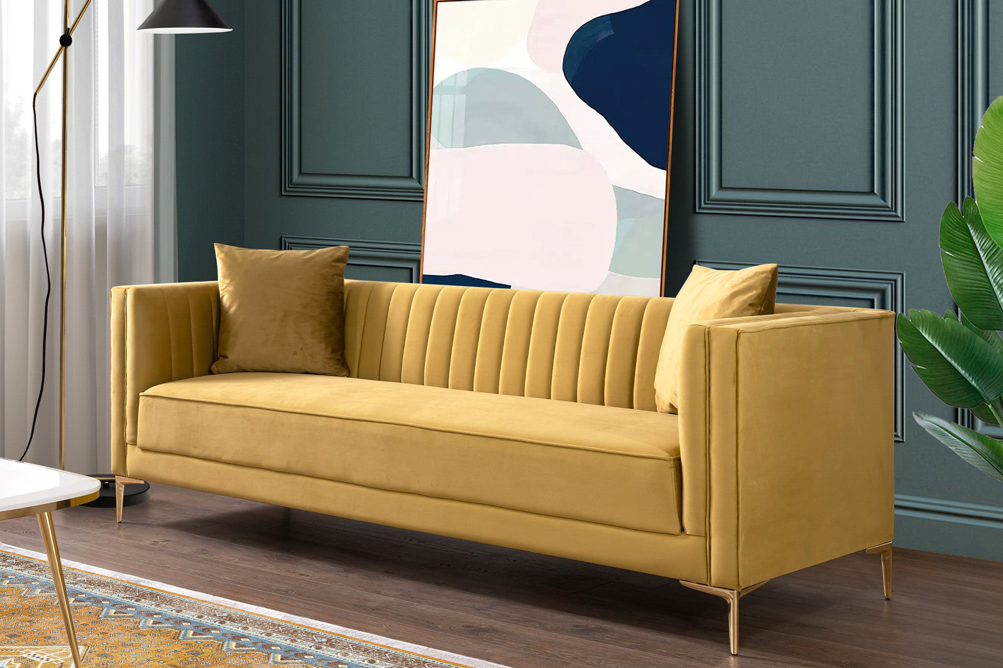 Ashcroft Angelina 91" Velvet Sofa - Yellow