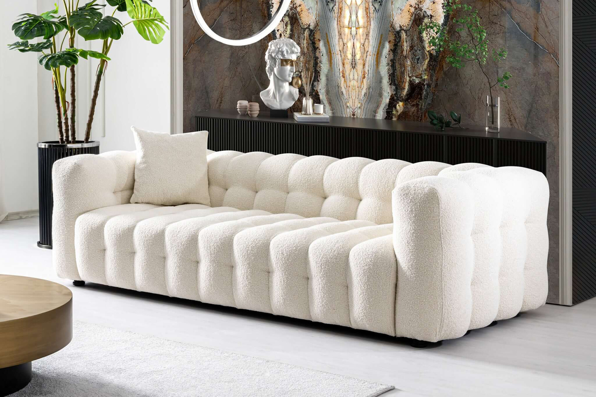 Ashcroft Eden Modern Tufted Chesterfield Boucle Fabric Sofa - Cream