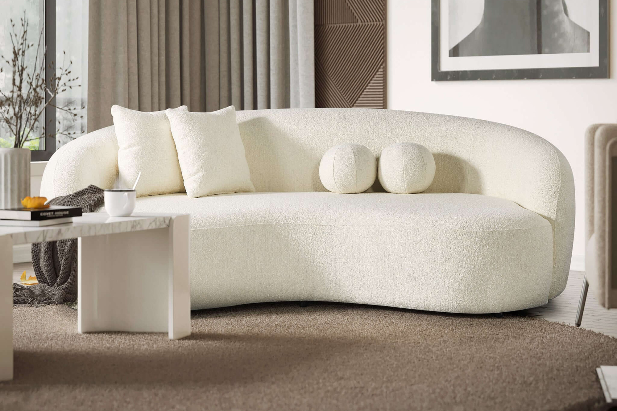 Ashcroft™ Drake Japandi Style Curvy Boucle Sofa - Ivory