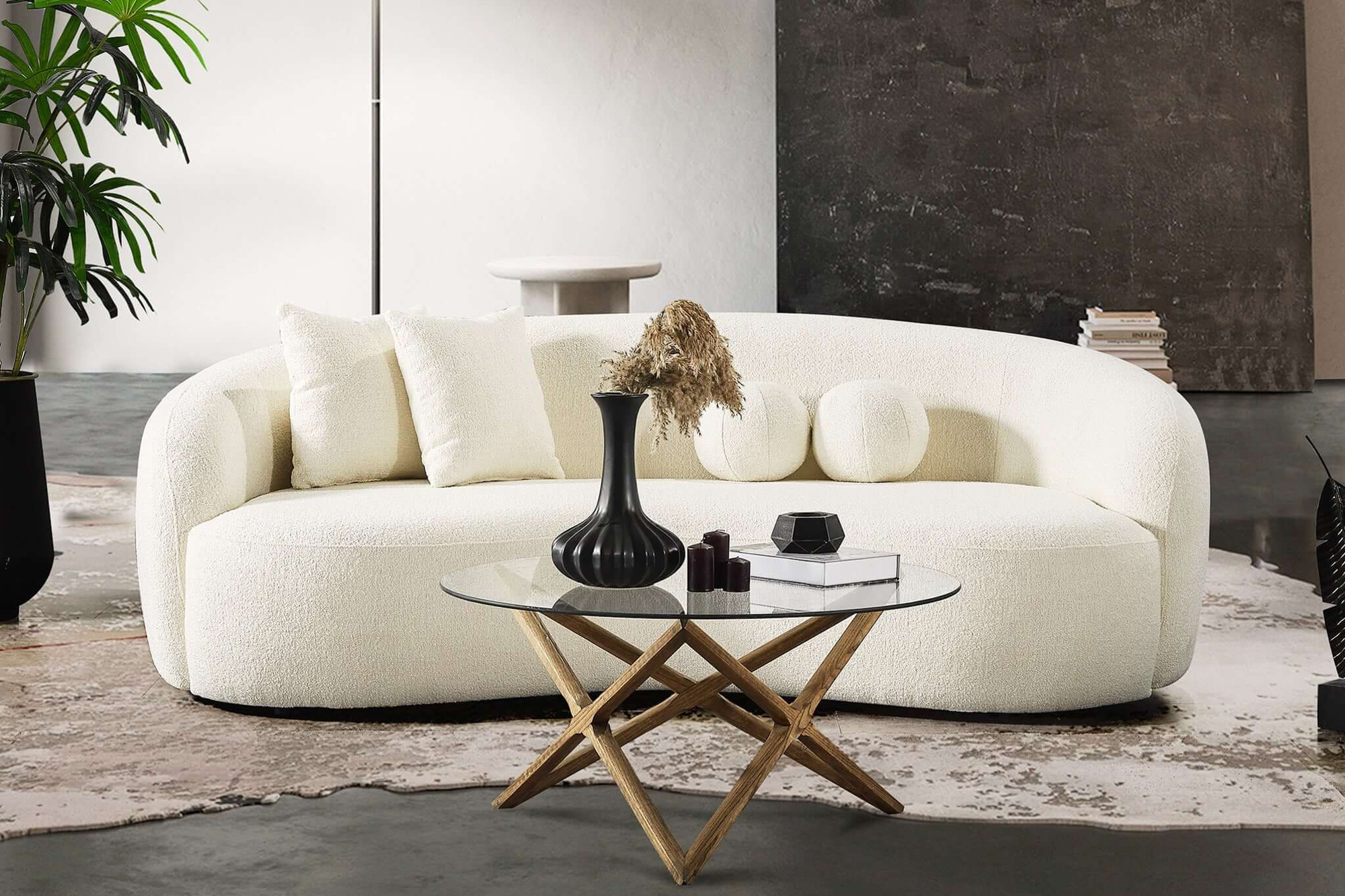 Ashcroft™ Drake Japandi Style Curvy Boucle Sofa - Ivory