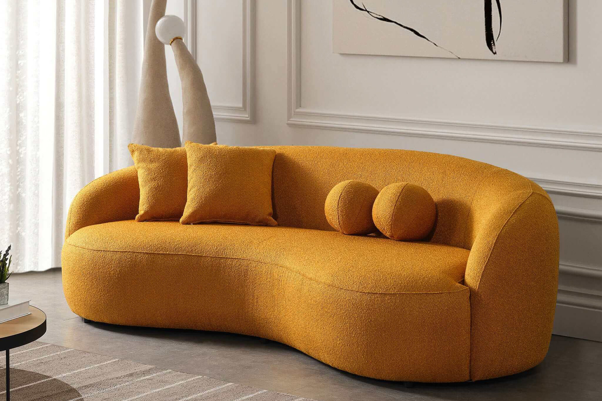 Ashcroft Drake Japandi Style Curvy Boucle Sofa - Yellow