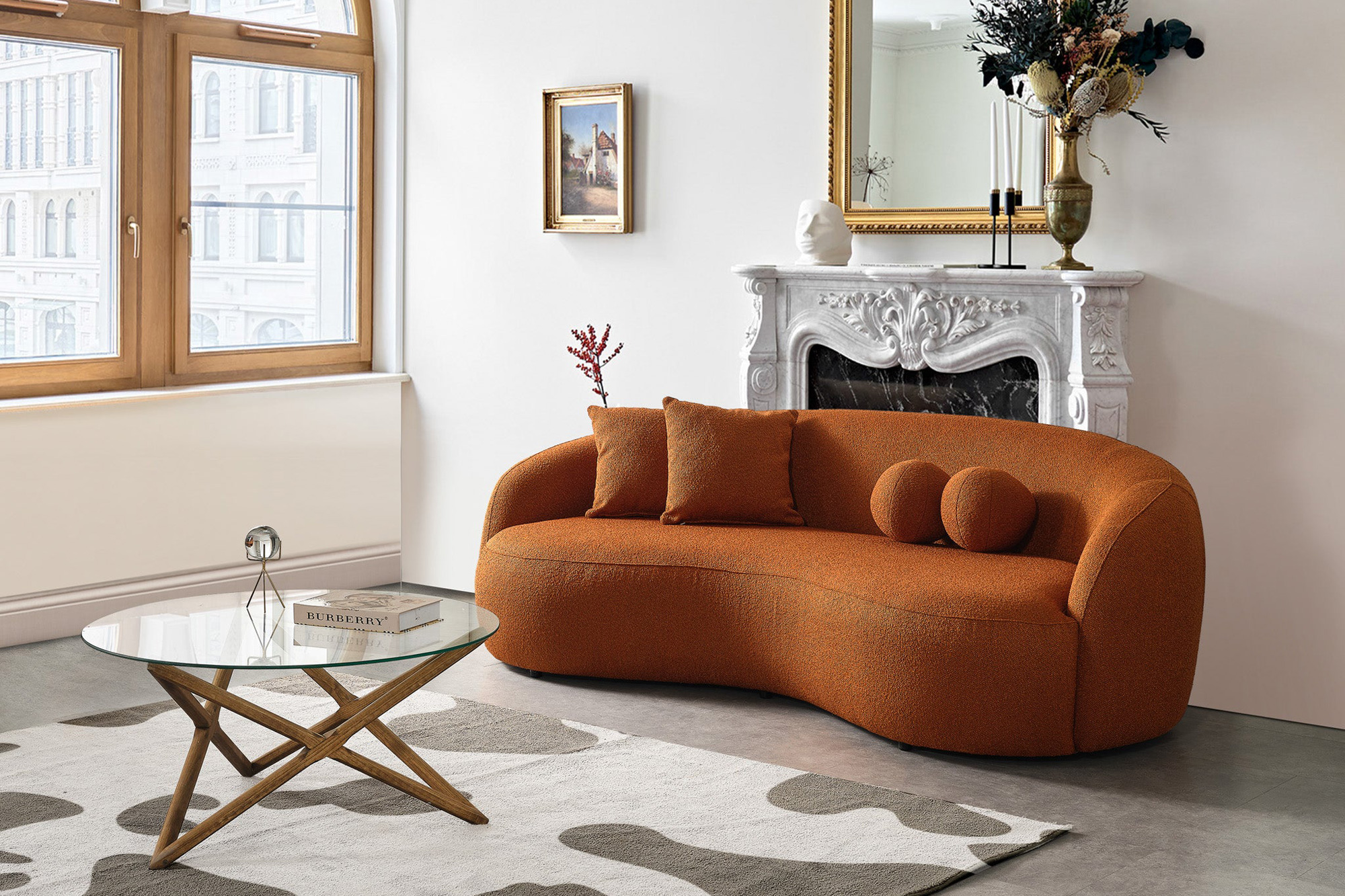 Ashcroft™ Drake Japandi Style Curvy Boucle Sofa - Orange