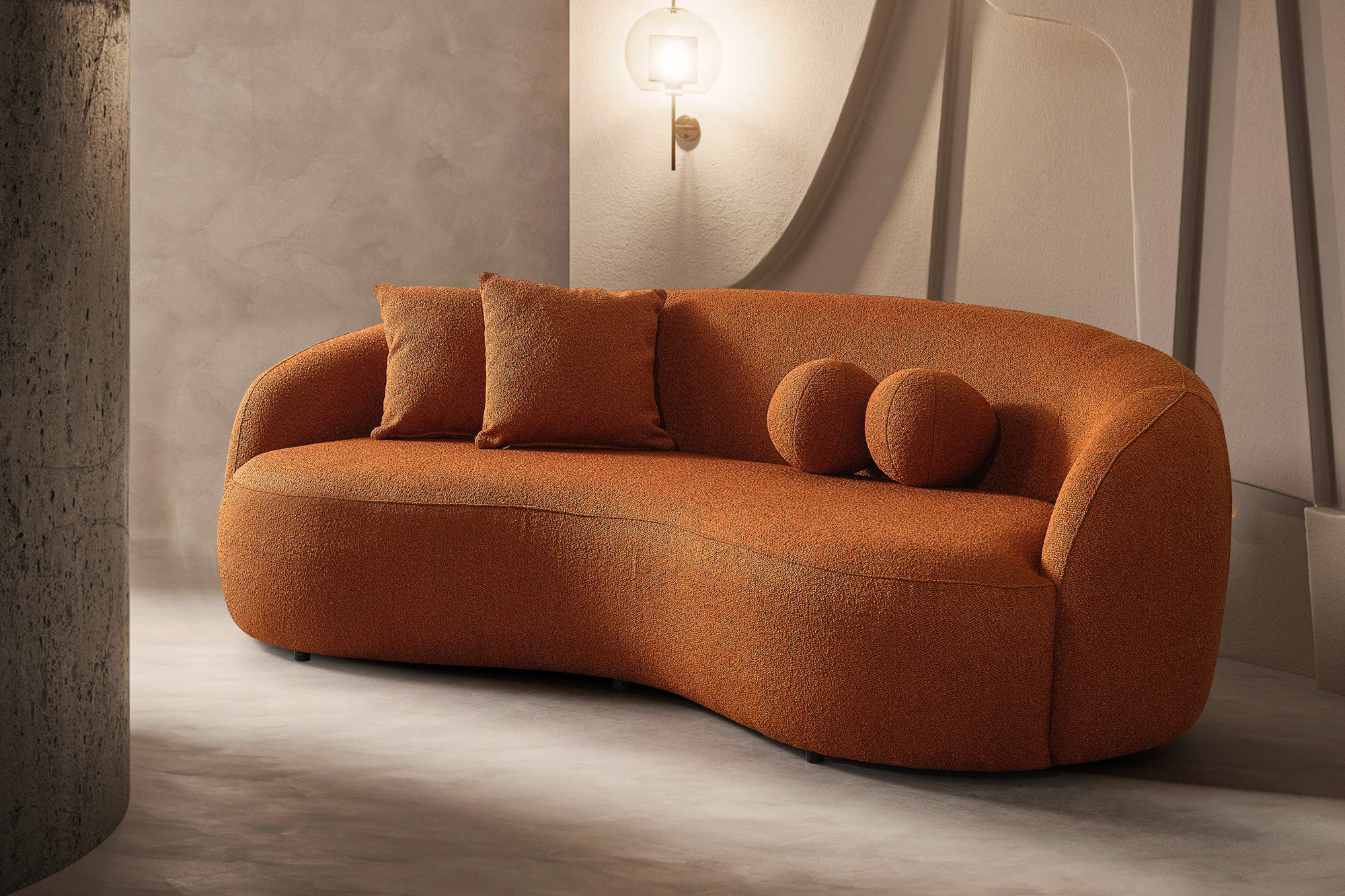 Ashcroft™ Drake Japandi Style Curvy Boucle Sofa - Orange