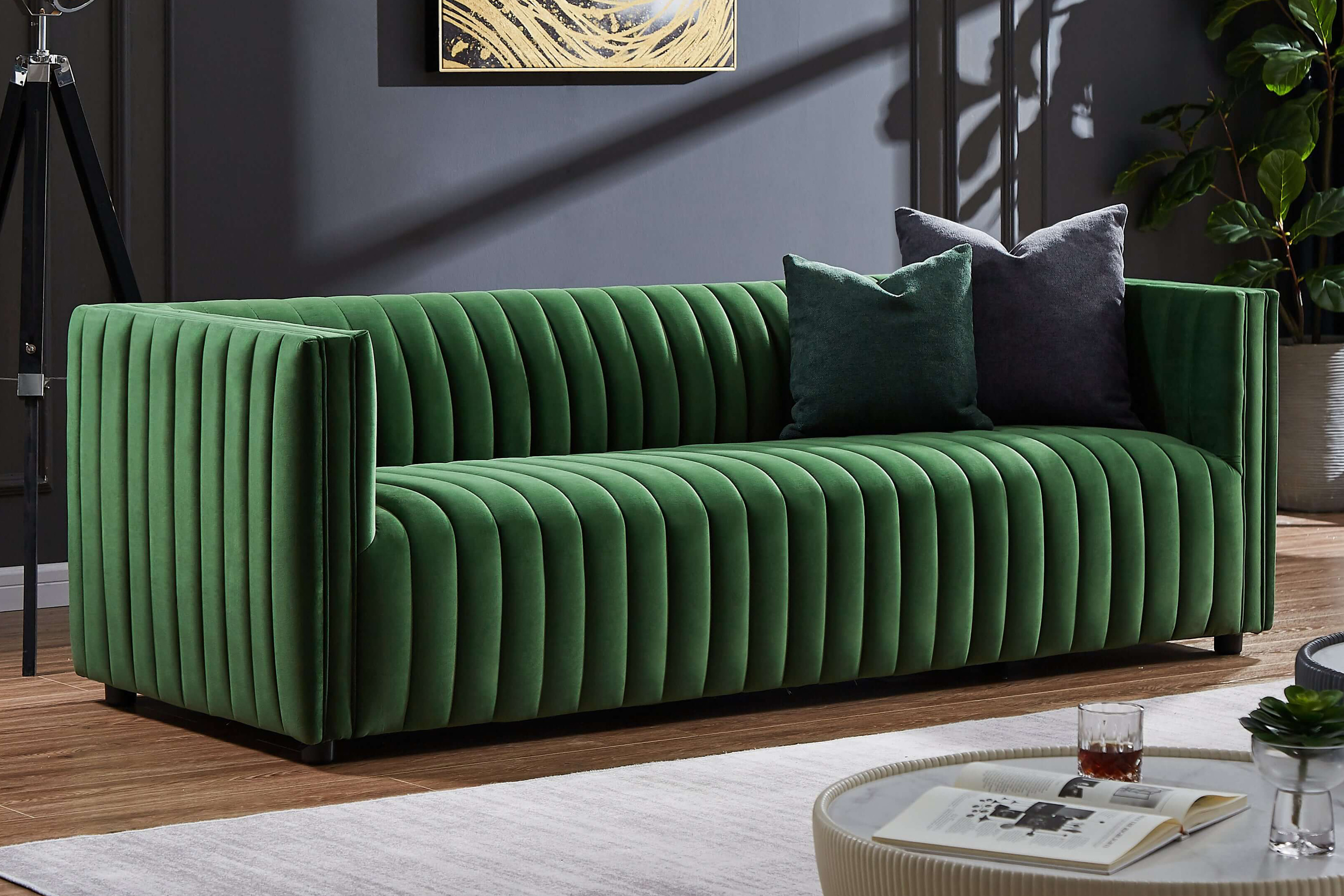 Ashcroft Dominic Channel Tufted Velvet Sofa - Green