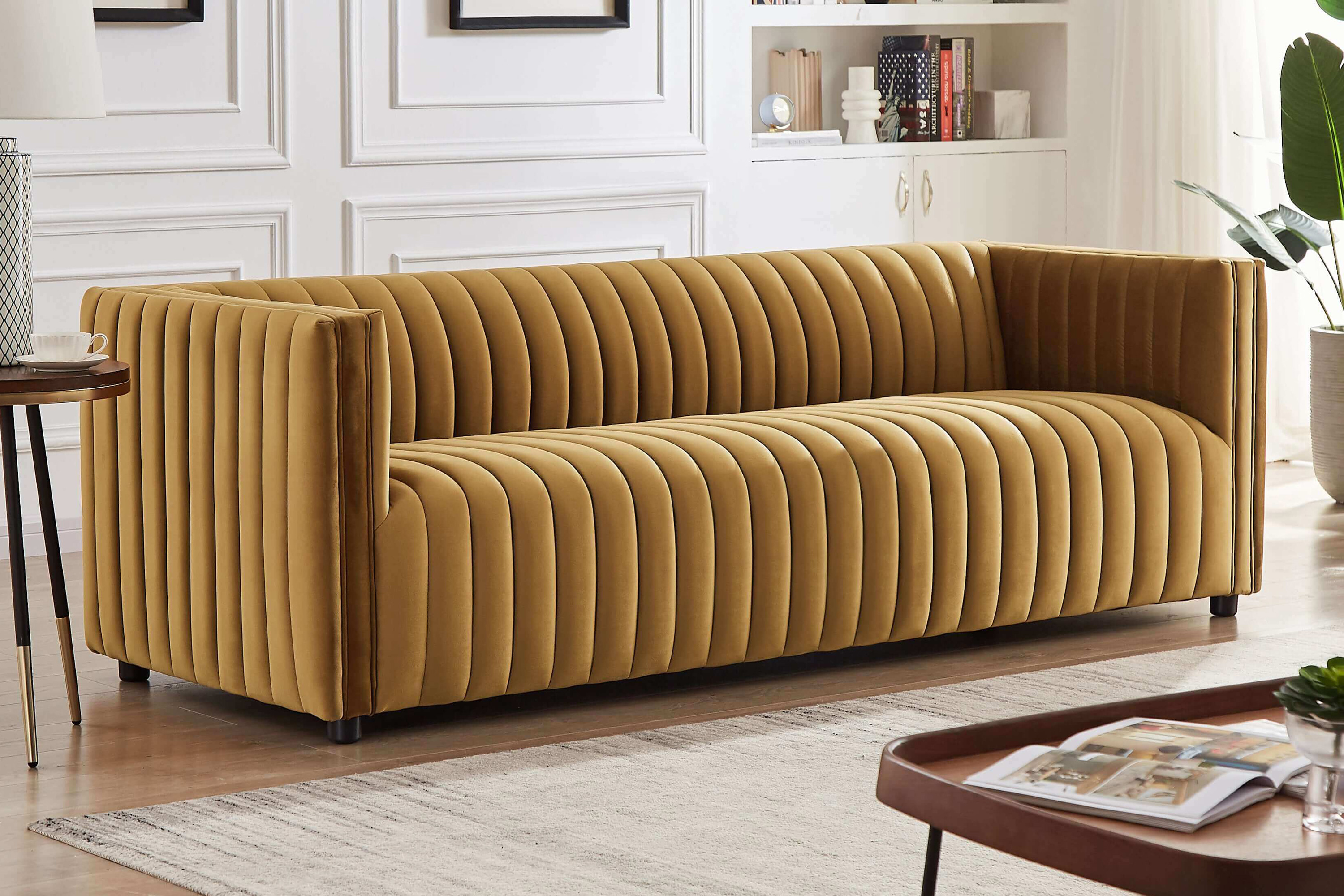 Ashcroft Dominic Channel Tufted Velvet Sofa - Yellow