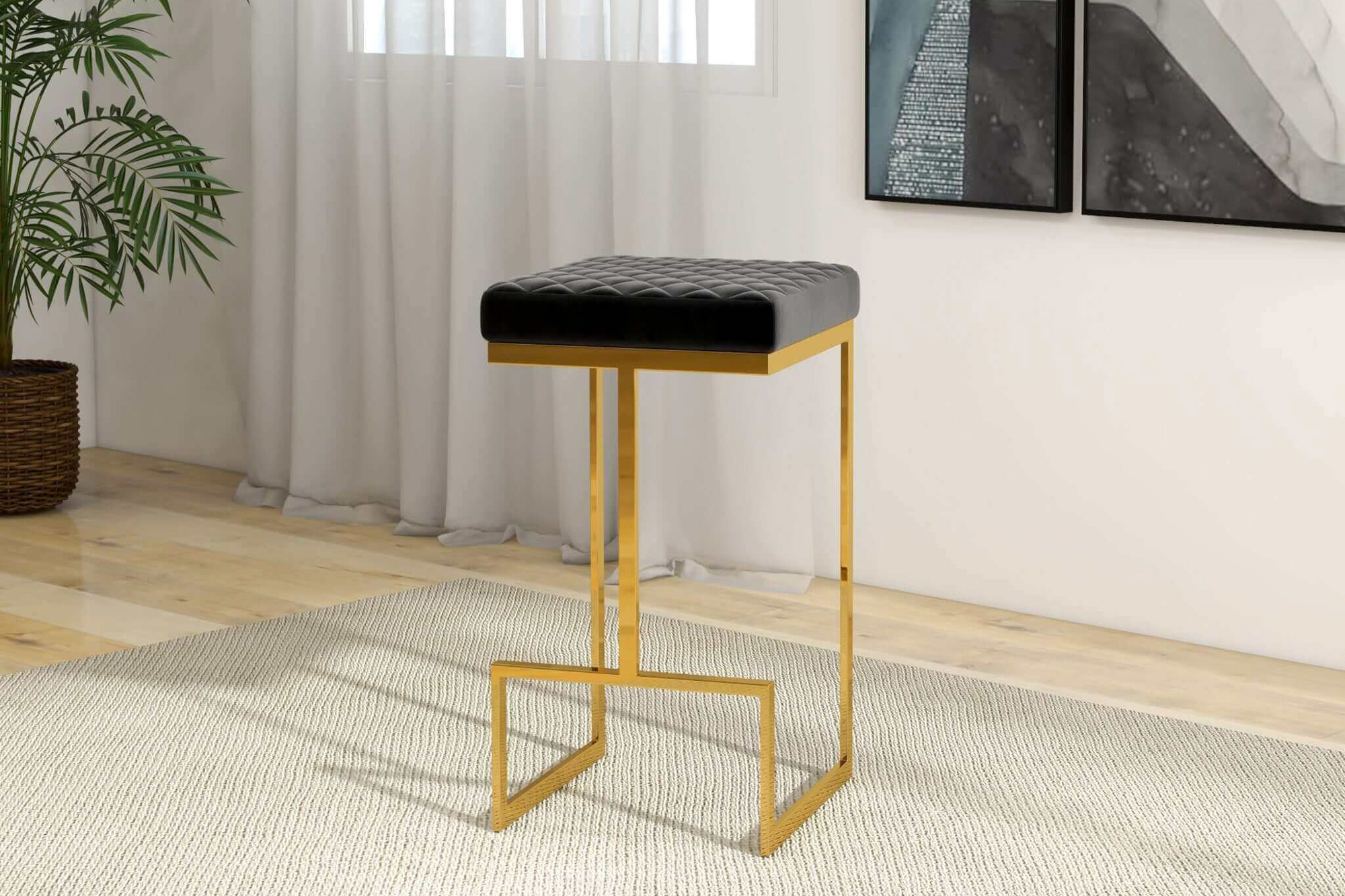 Ashcroft Joel Mid-Century Modern Luxury Upholstered Stool - Black