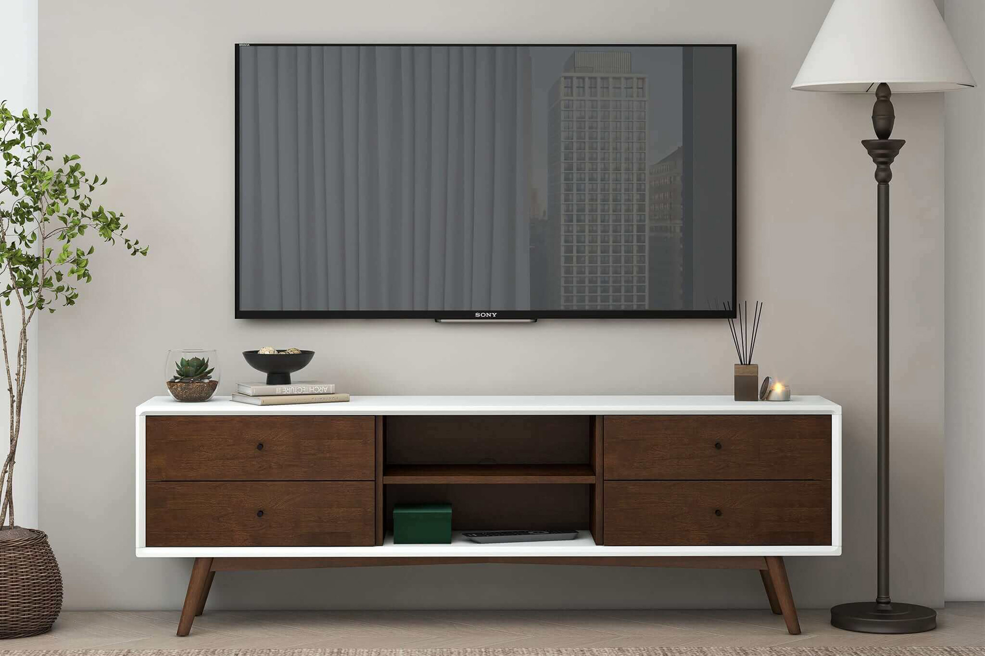 Ashcroft Caroline Mid-Century Modern TV Stand Up To 72" - Walnut/White