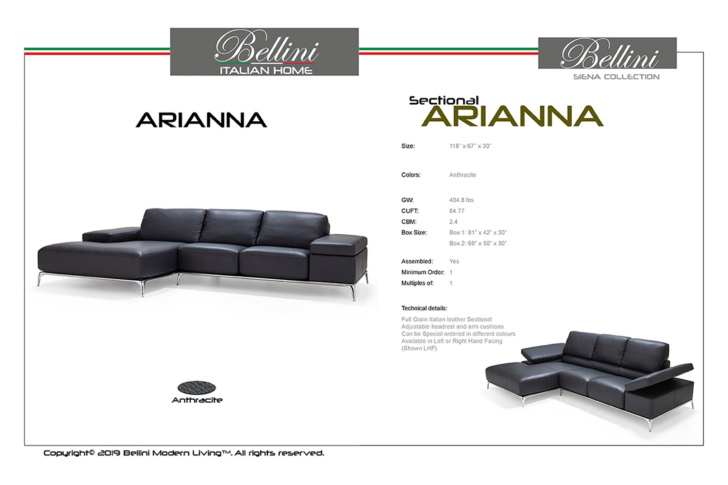 Bellini Arianna Sectional - Anthracite, Left Hand Facing